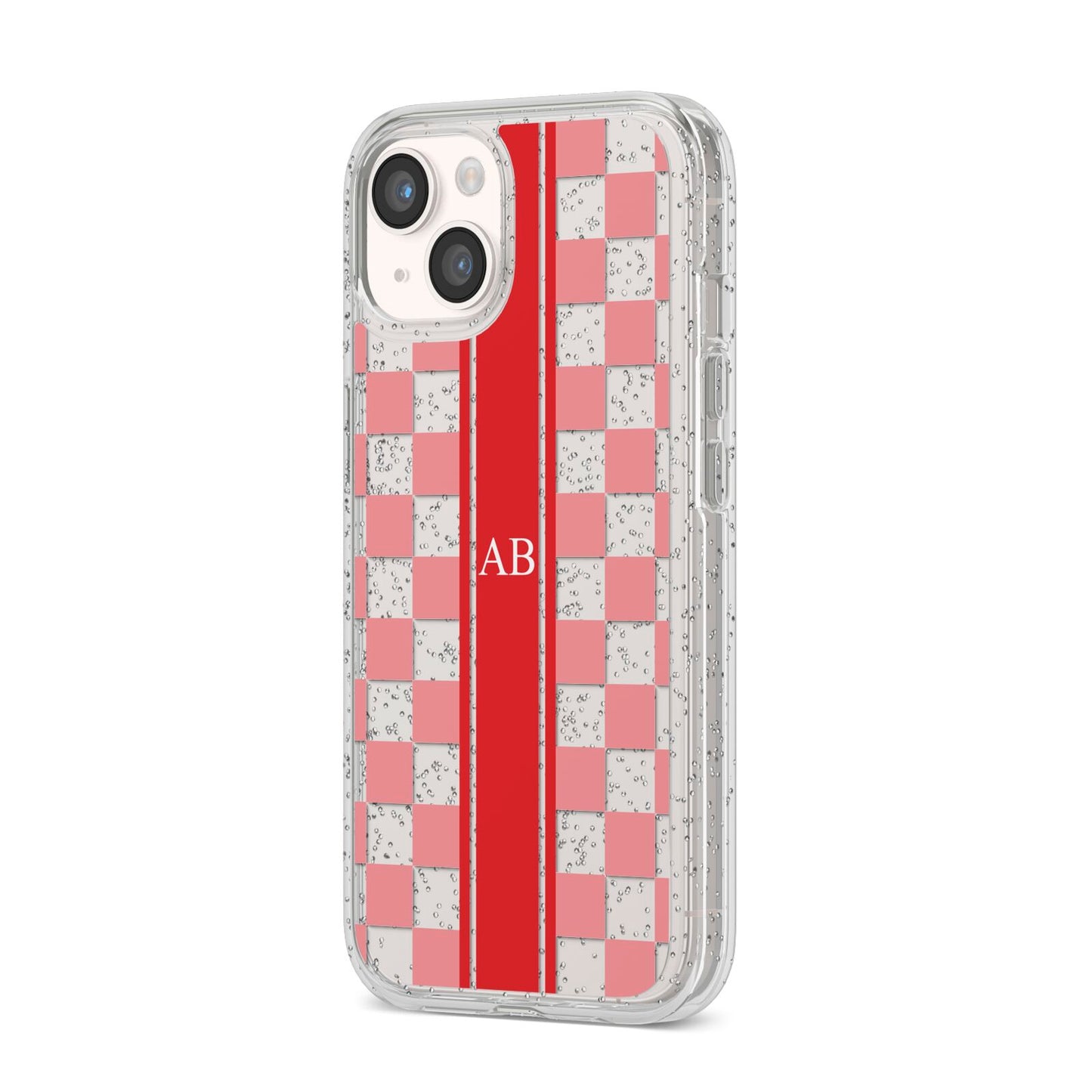 Personalised Checkered iPhone 14 Glitter Tough Case Starlight Angled Image