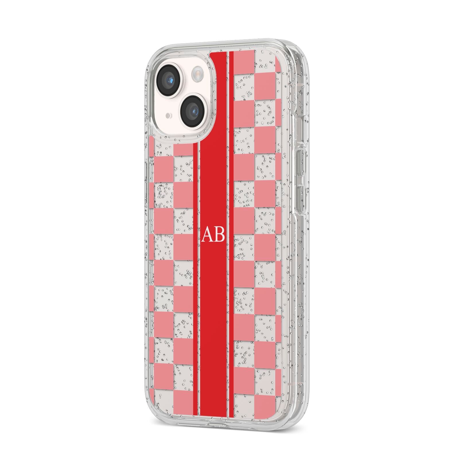 Personalised Checkered iPhone 14 Glitter Tough Case Starlight Angled Image