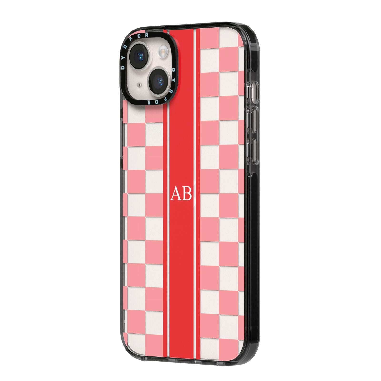 Personalised Checkered iPhone 14 Plus Black Impact Case Side Angle on Silver phone