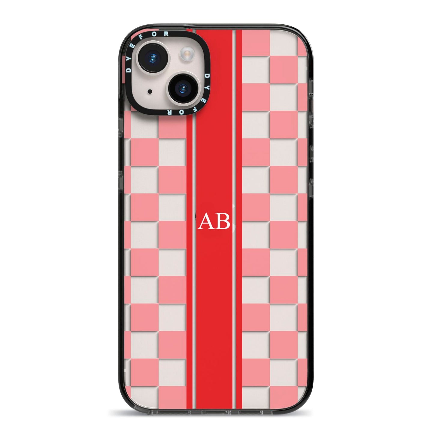 Personalised Checkered iPhone 14 Plus Black Impact Case on Silver phone