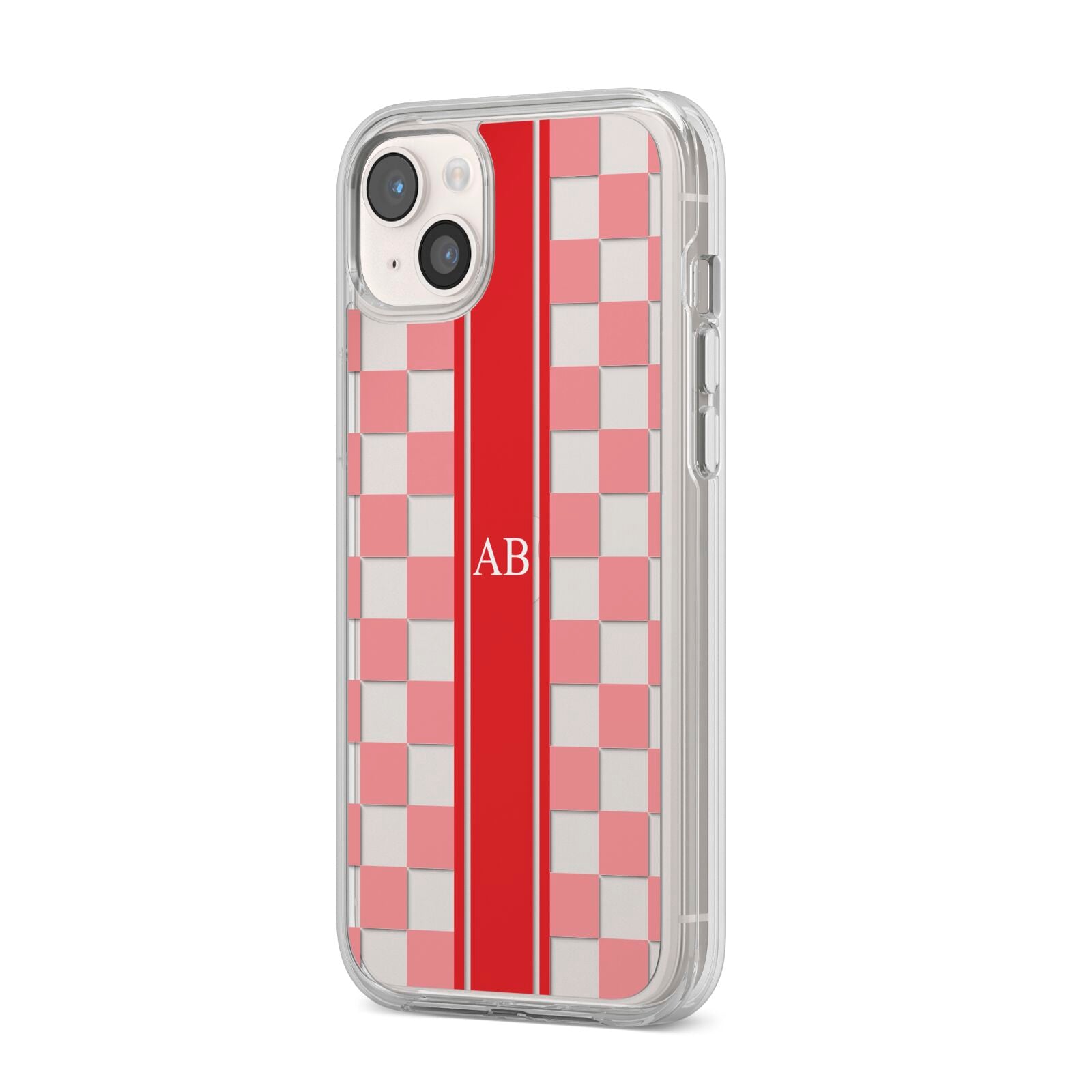 Personalised Checkered iPhone 14 Plus Clear Tough Case Starlight Angled Image