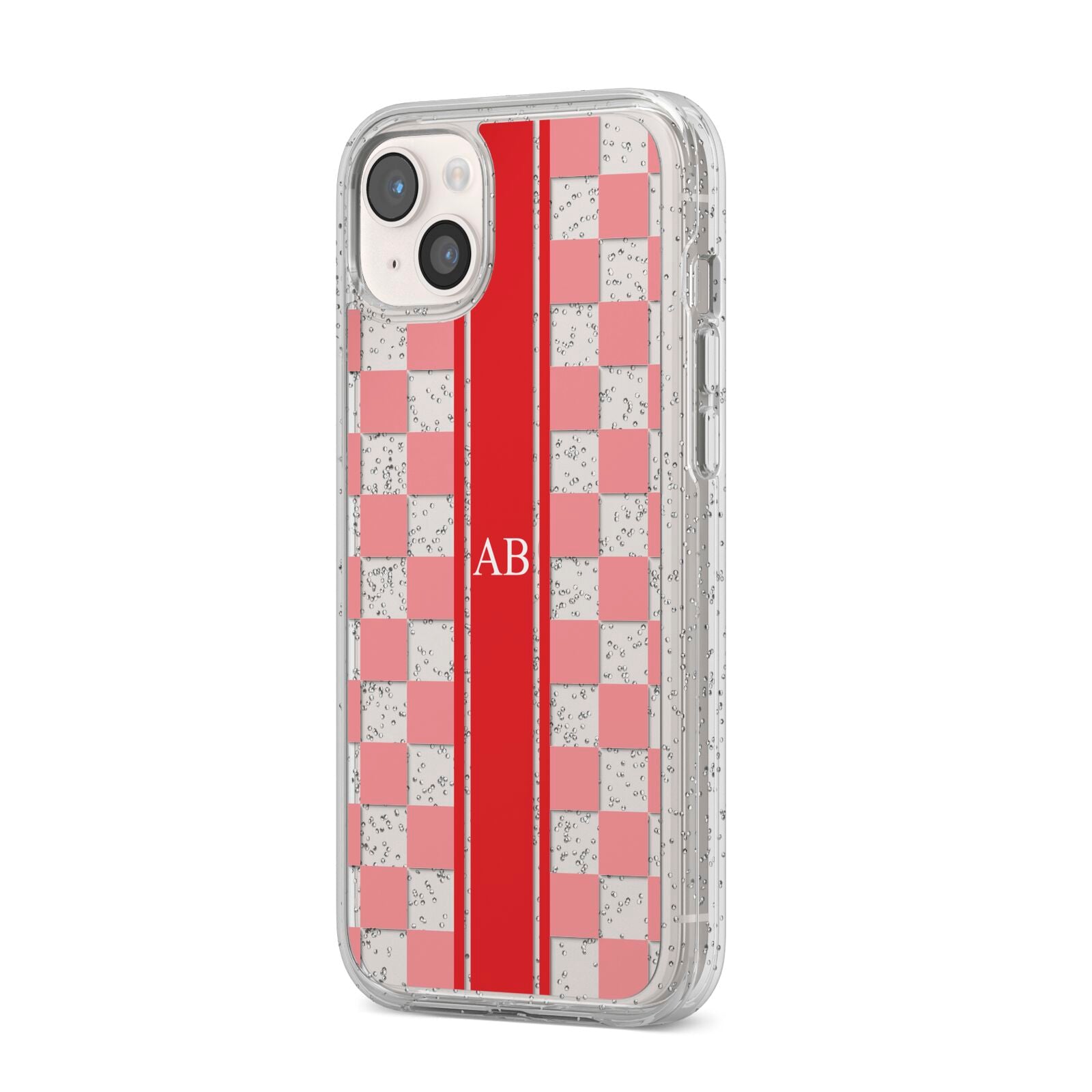 Personalised Checkered iPhone 14 Plus Glitter Tough Case Starlight Angled Image