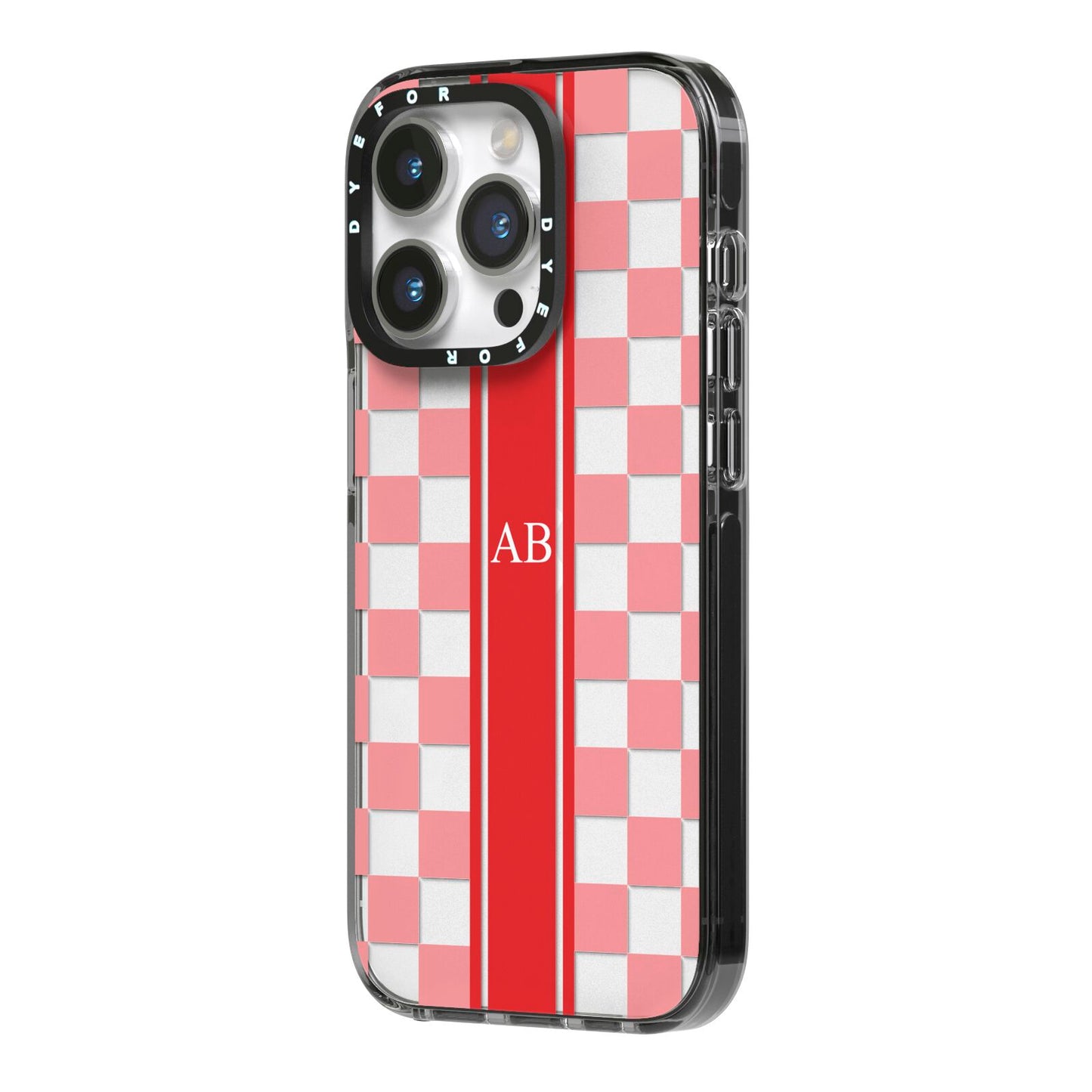 Personalised Checkered iPhone 14 Pro Black Impact Case Side Angle on Silver phone