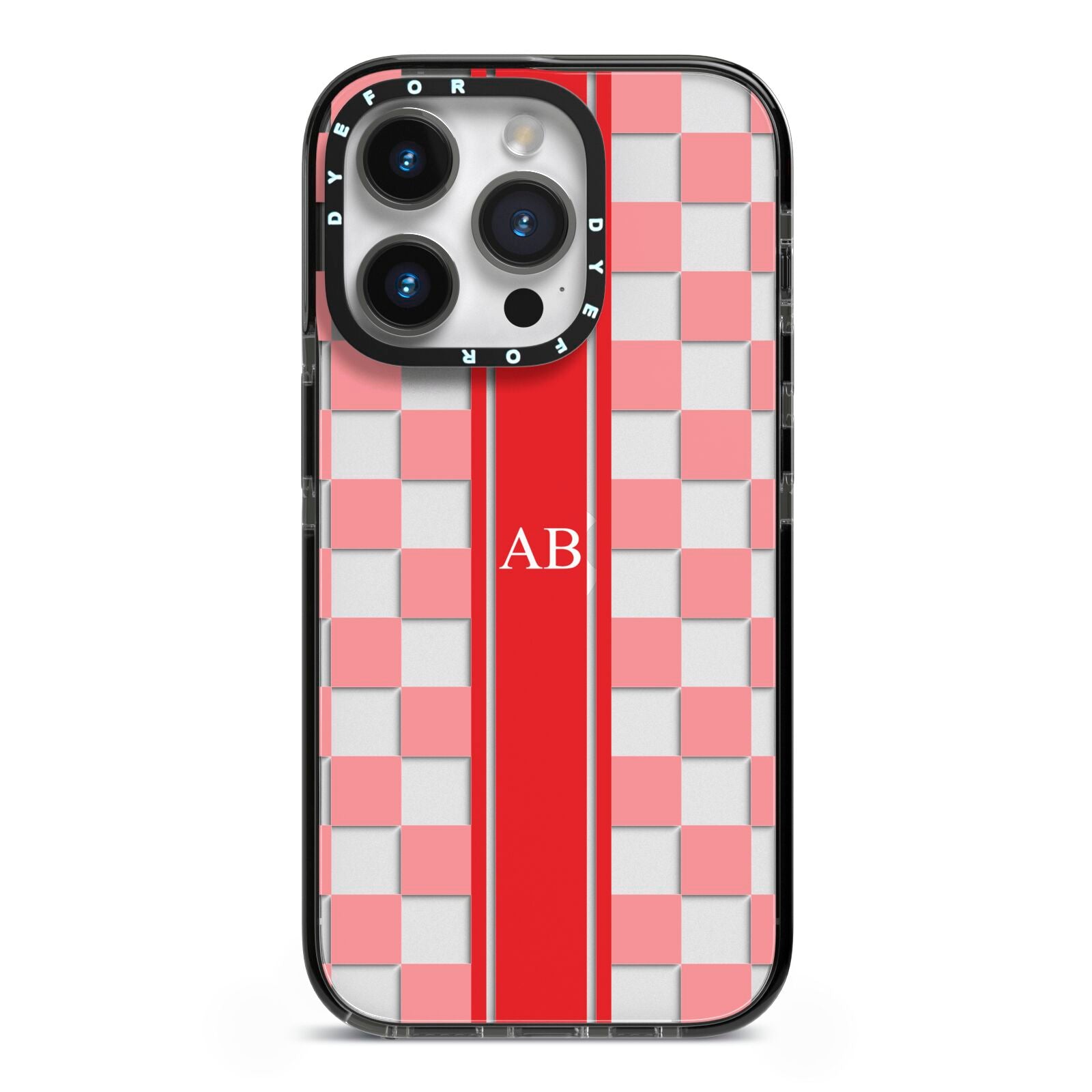 Personalised Checkered iPhone 14 Pro Black Impact Case on Silver phone