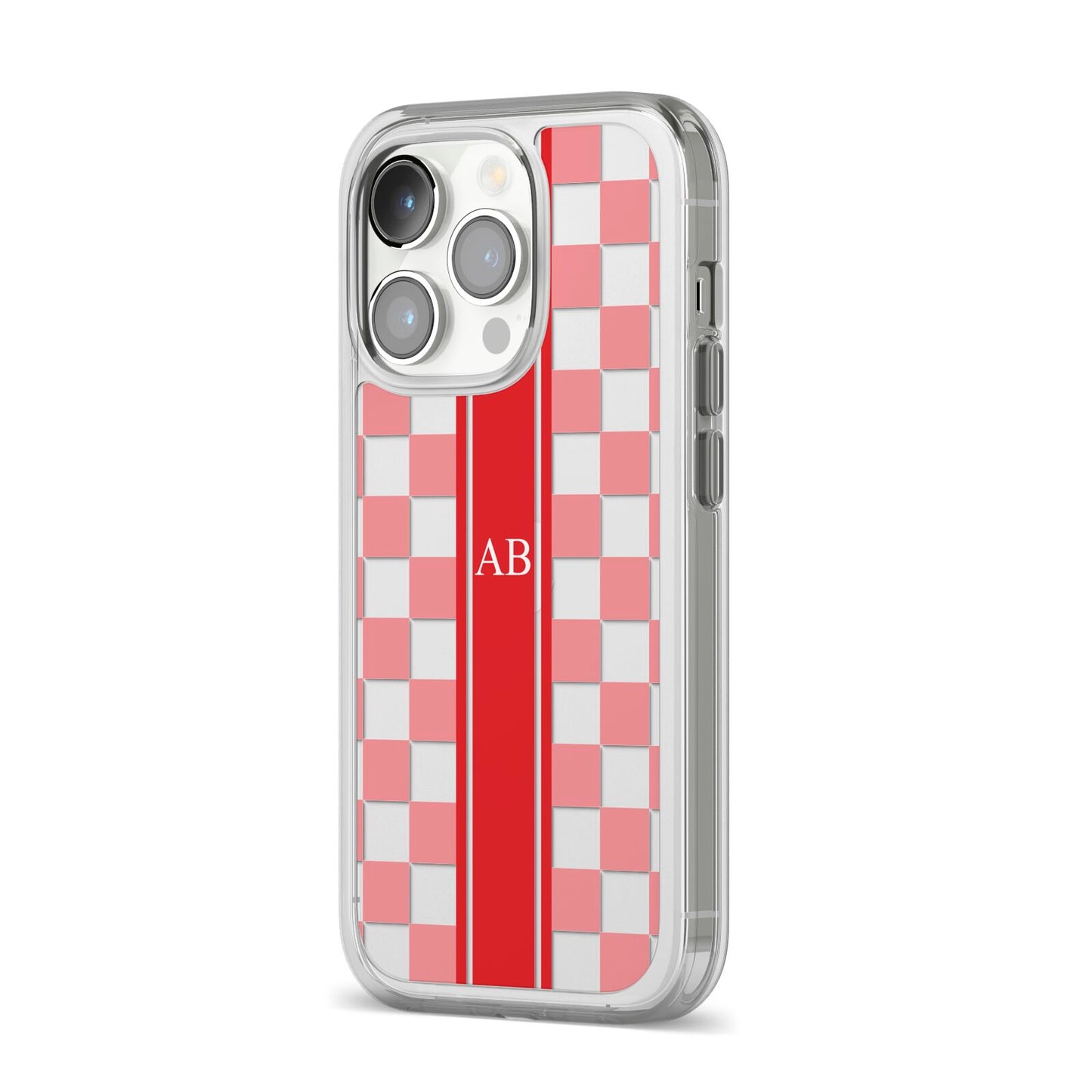 Personalised Checkered iPhone 14 Pro Clear Tough Case Silver Angled Image