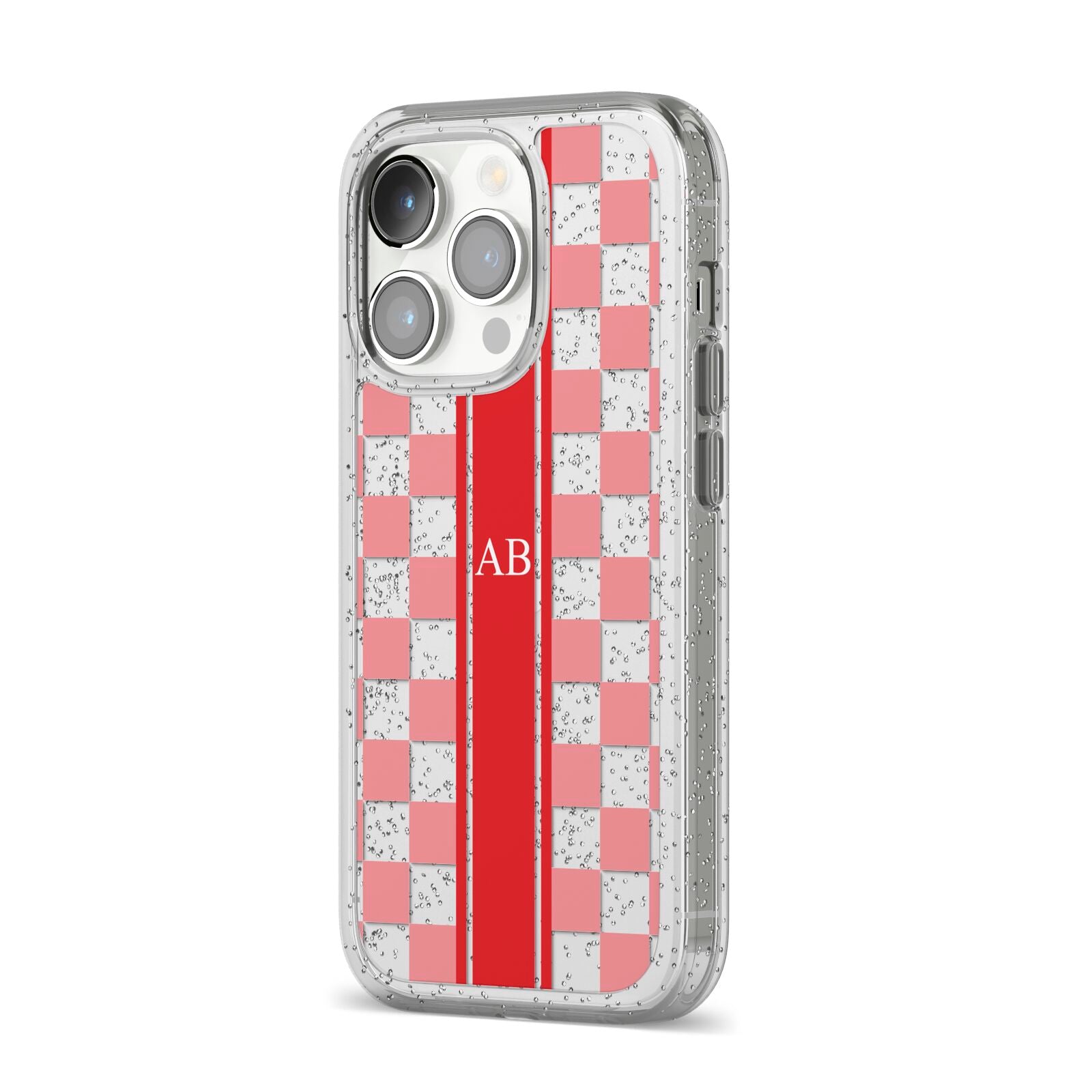 Personalised Checkered iPhone 14 Pro Glitter Tough Case Silver Angled Image