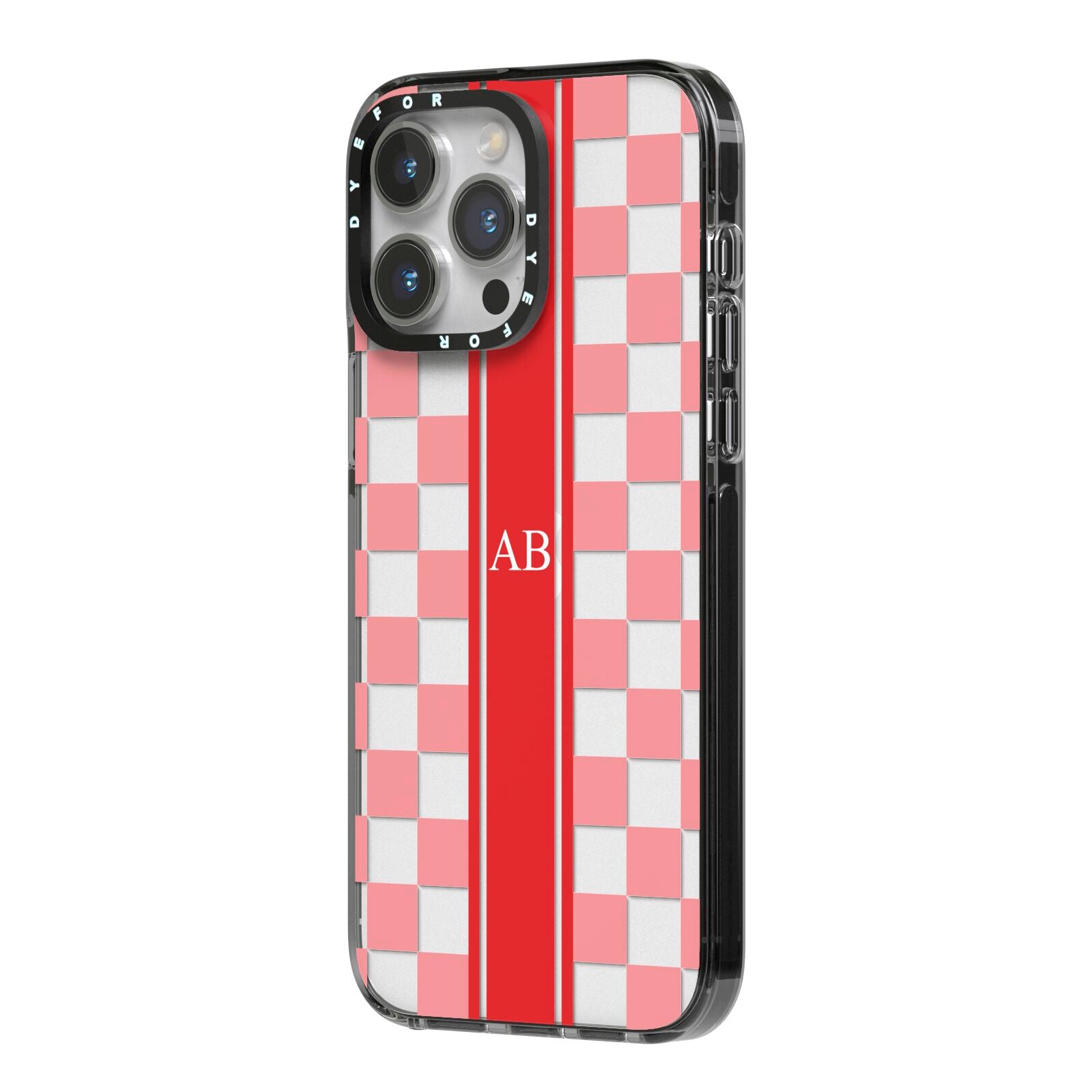 Personalised Checkered iPhone 14 Pro Max Black Impact Case Side Angle on Silver phone