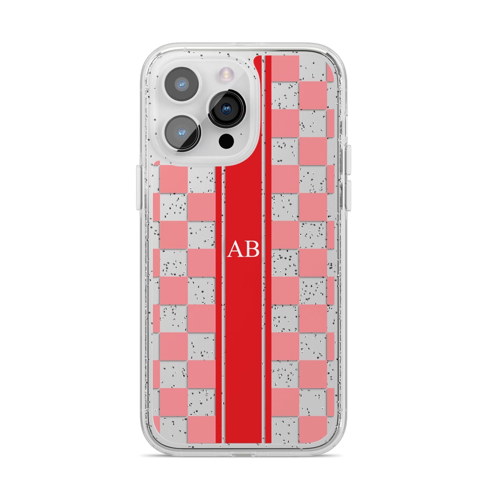 Personalised Checkered iPhone 14 Pro Max Glitter Tough Case Silver