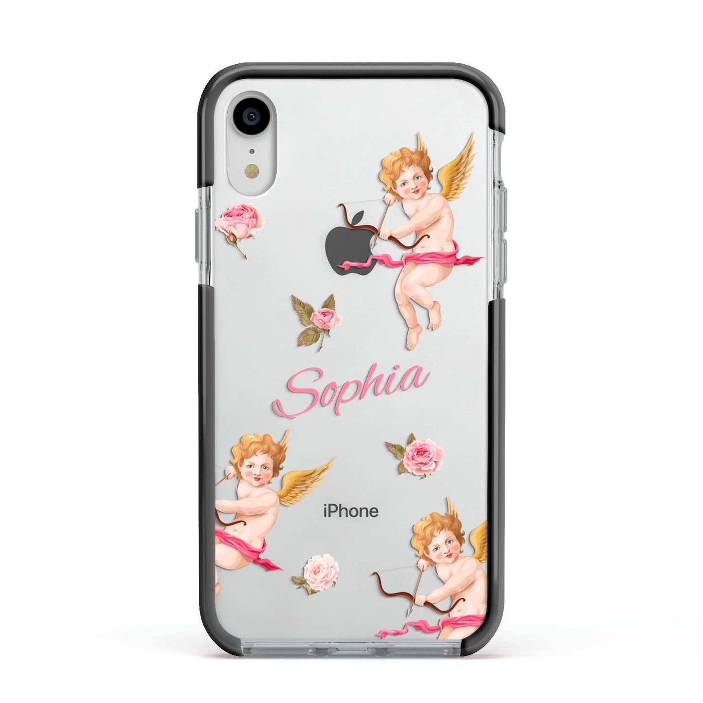 Personalised Cherub Apple iPhone XR Impact Case Black Edge on Silver Phone