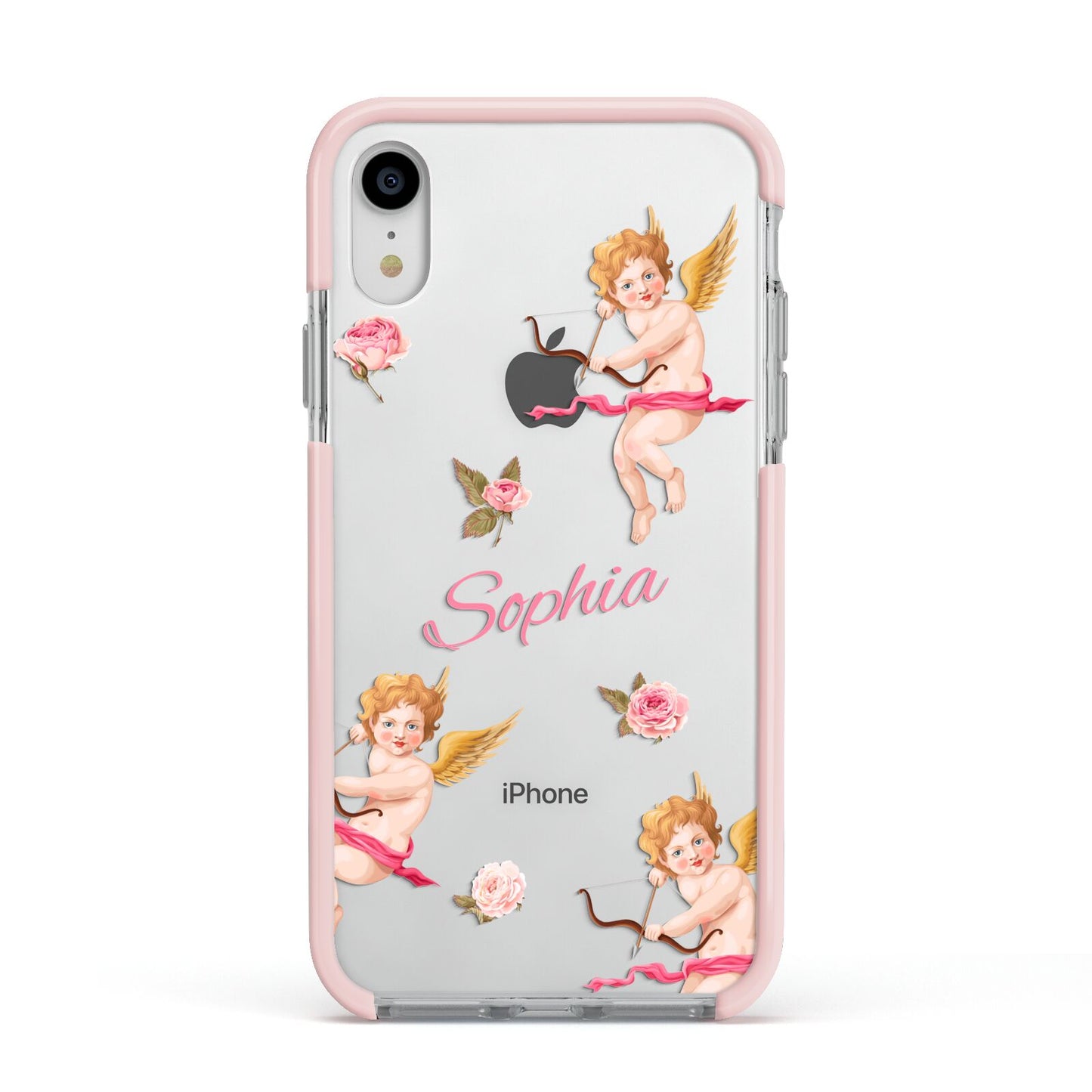 Personalised Cherub Apple iPhone XR Impact Case Pink Edge on Silver Phone