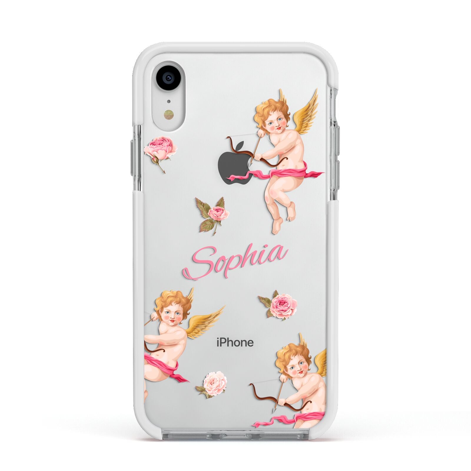 Personalised Cherub Apple iPhone XR Impact Case White Edge on Silver Phone