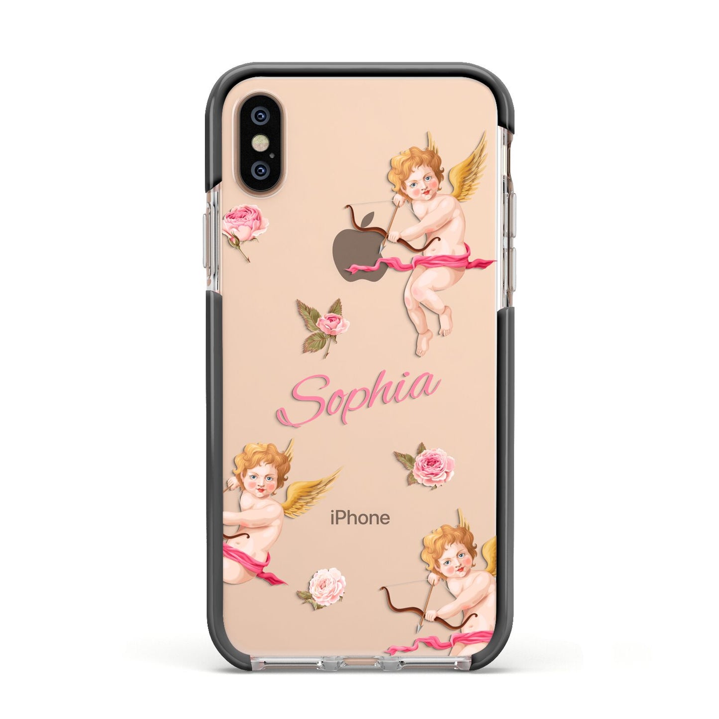 Personalised Cherub Apple iPhone Xs Impact Case Black Edge on Gold Phone