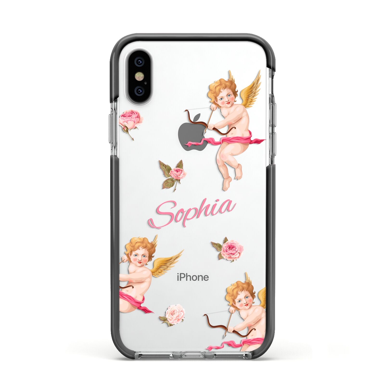 Personalised Cherub Apple iPhone Xs Impact Case Black Edge on Silver Phone