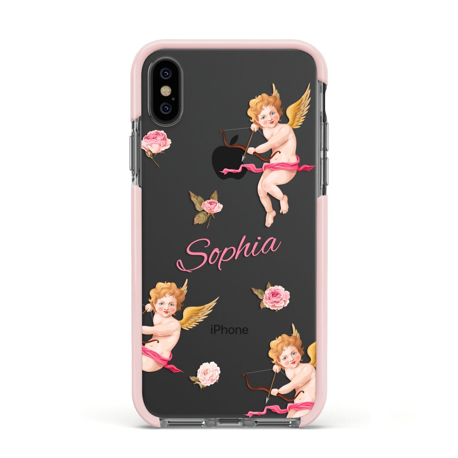 Personalised Cherub Apple iPhone Xs Impact Case Pink Edge on Black Phone