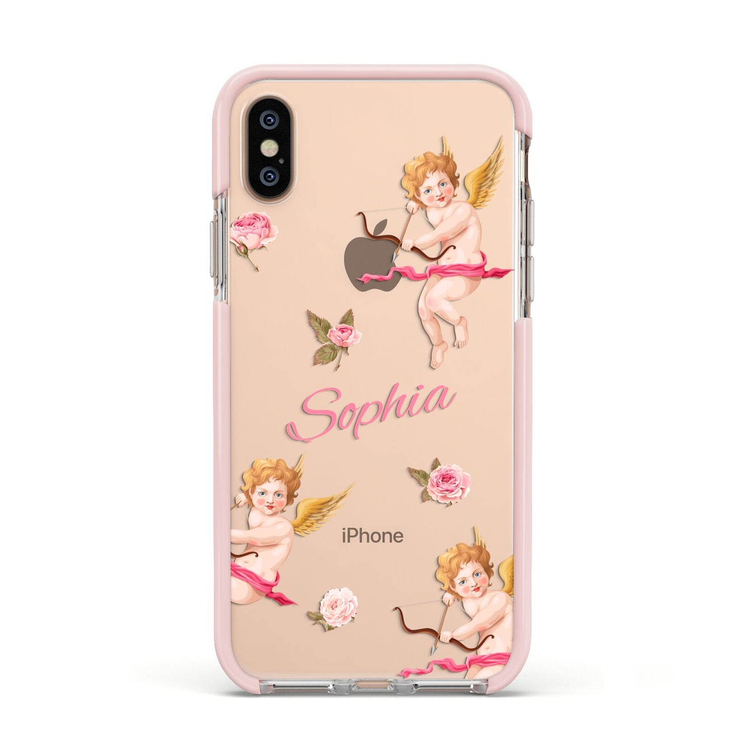 Personalised Cherub Apple iPhone Xs Impact Case Pink Edge on Gold Phone