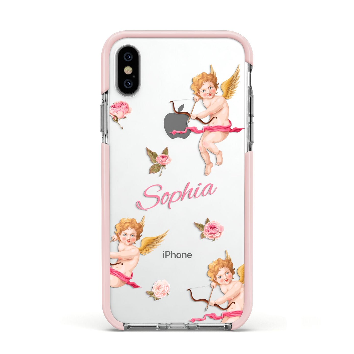 Personalised Cherub Apple iPhone Xs Impact Case Pink Edge on Silver Phone