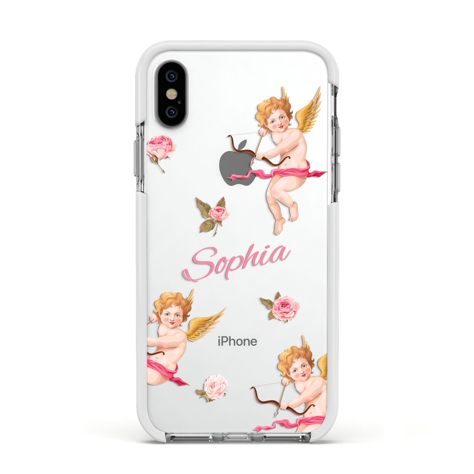 Personalised Cherub Apple iPhone Xs Impact Case White Edge on Silver Phone