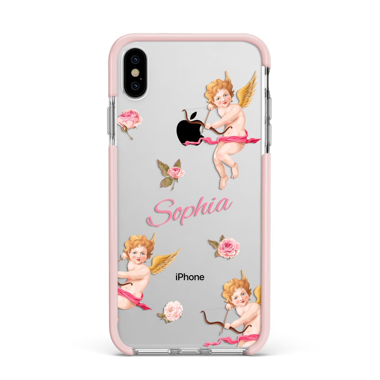 Personalised Cherub Apple iPhone Xs Max Impact Case Pink Edge on Silver Phone