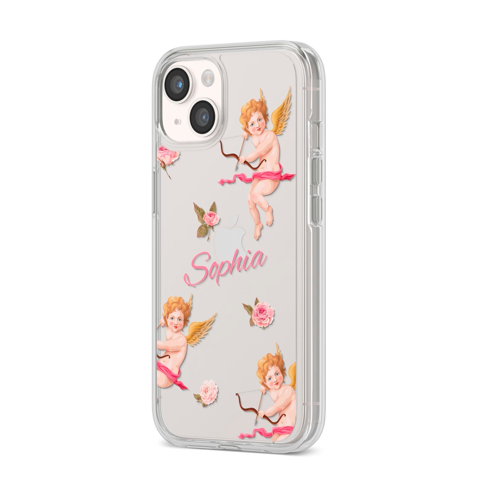 Personalised Cherub iPhone 14 Clear Tough Case Starlight Angled Image