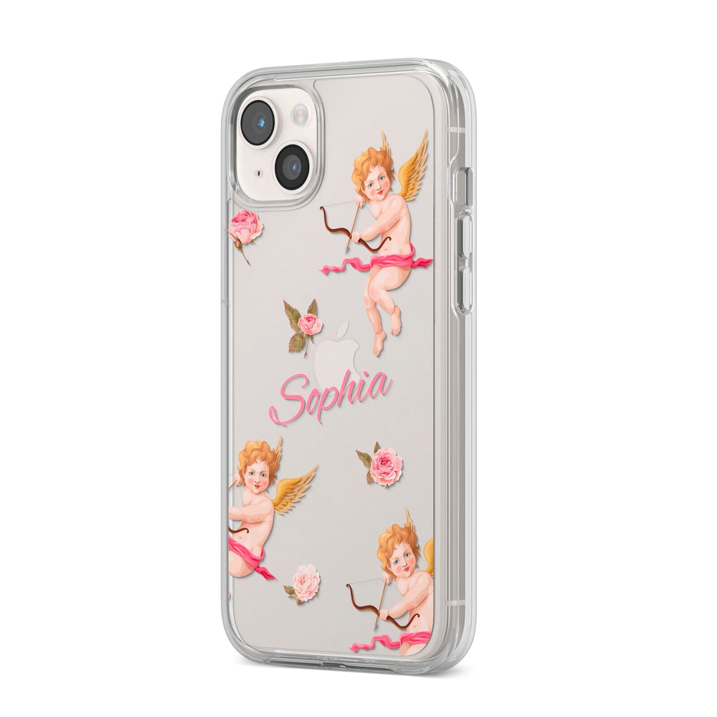 Personalised Cherub iPhone 14 Plus Clear Tough Case Starlight Angled Image