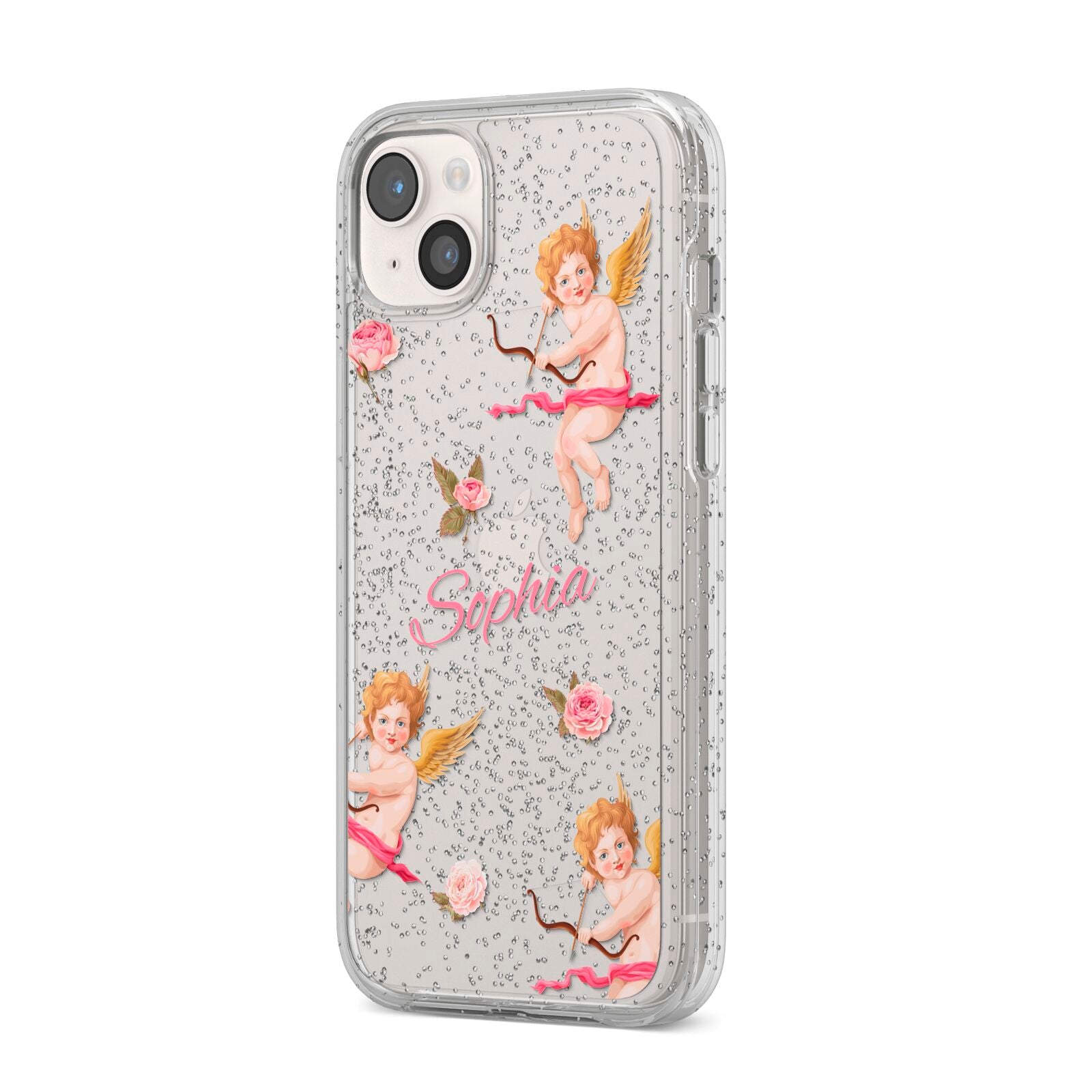 Personalised Cherub iPhone 14 Plus Glitter Tough Case Starlight Angled Image