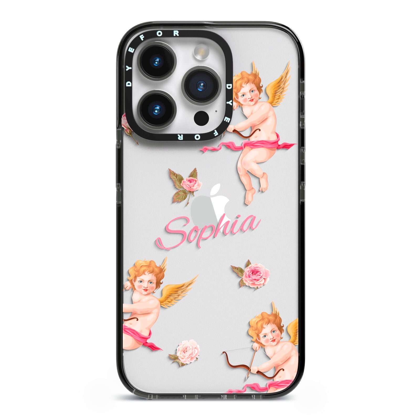 Personalised Cherub iPhone 14 Pro Black Impact Case on Silver phone