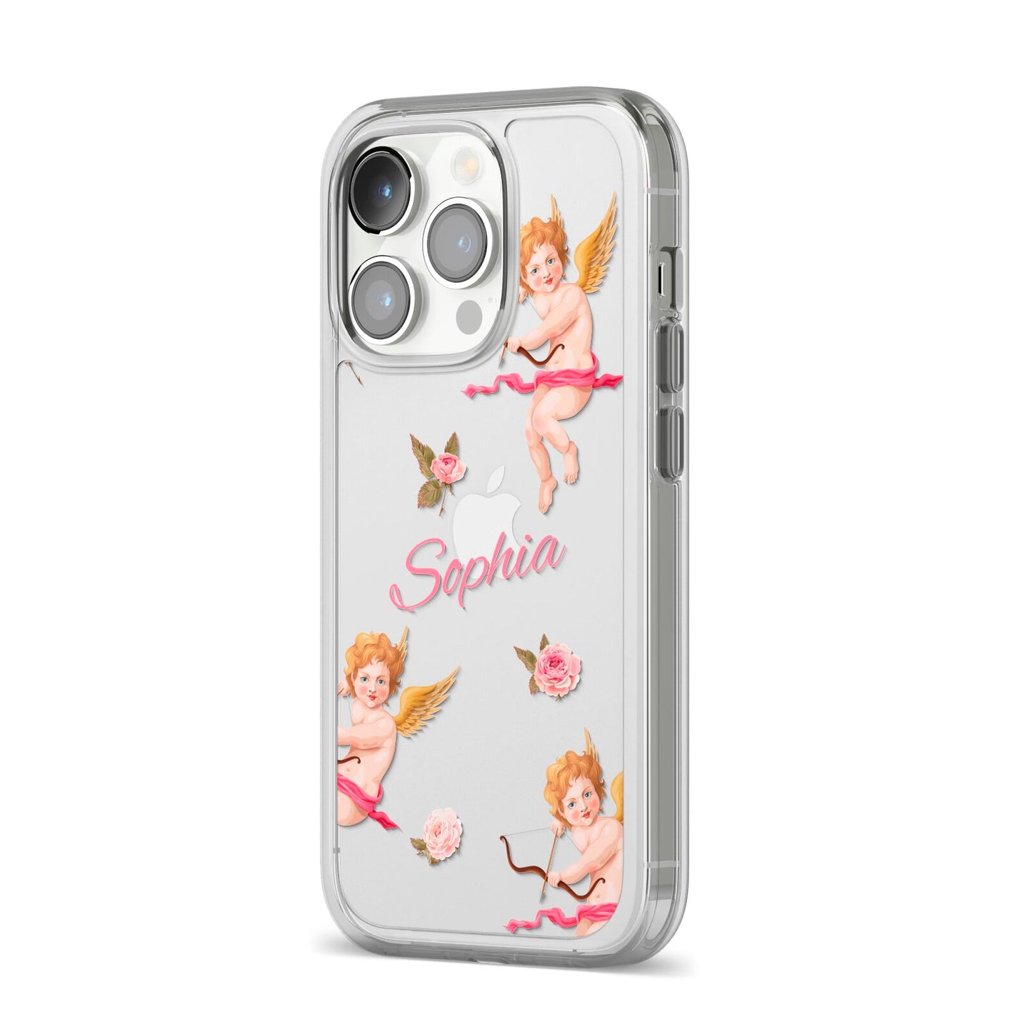 Personalised Cherub iPhone 14 Pro Clear Tough Case Silver Angled Image