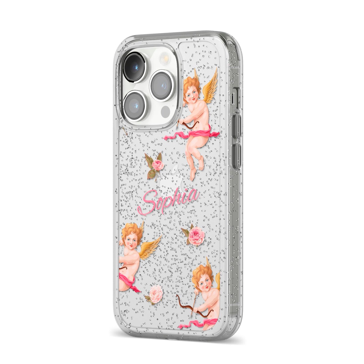 Personalised Cherub iPhone 14 Pro Glitter Tough Case Silver Angled Image