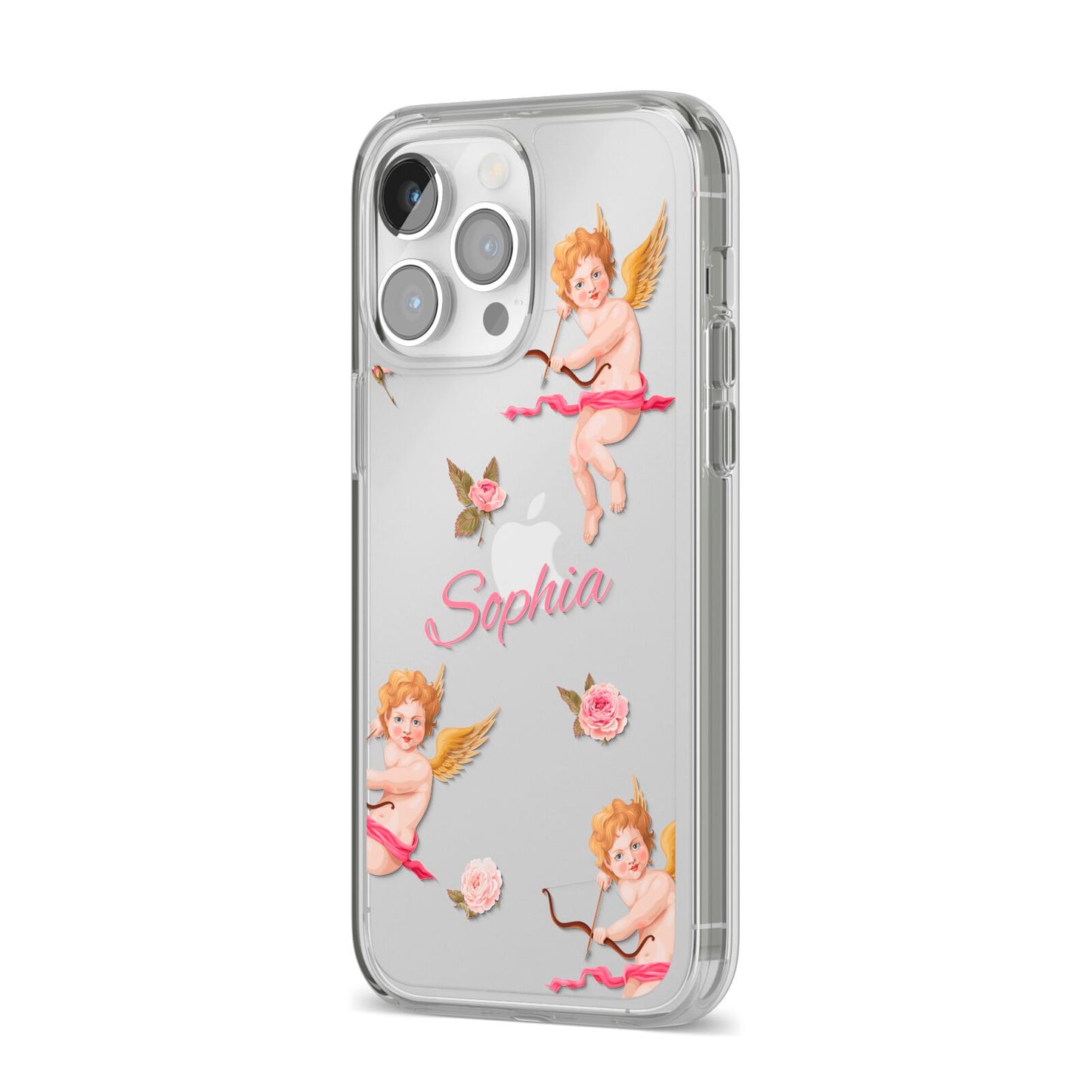 Personalised Cherub iPhone 14 Pro Max Clear Tough Case Silver Angled Image