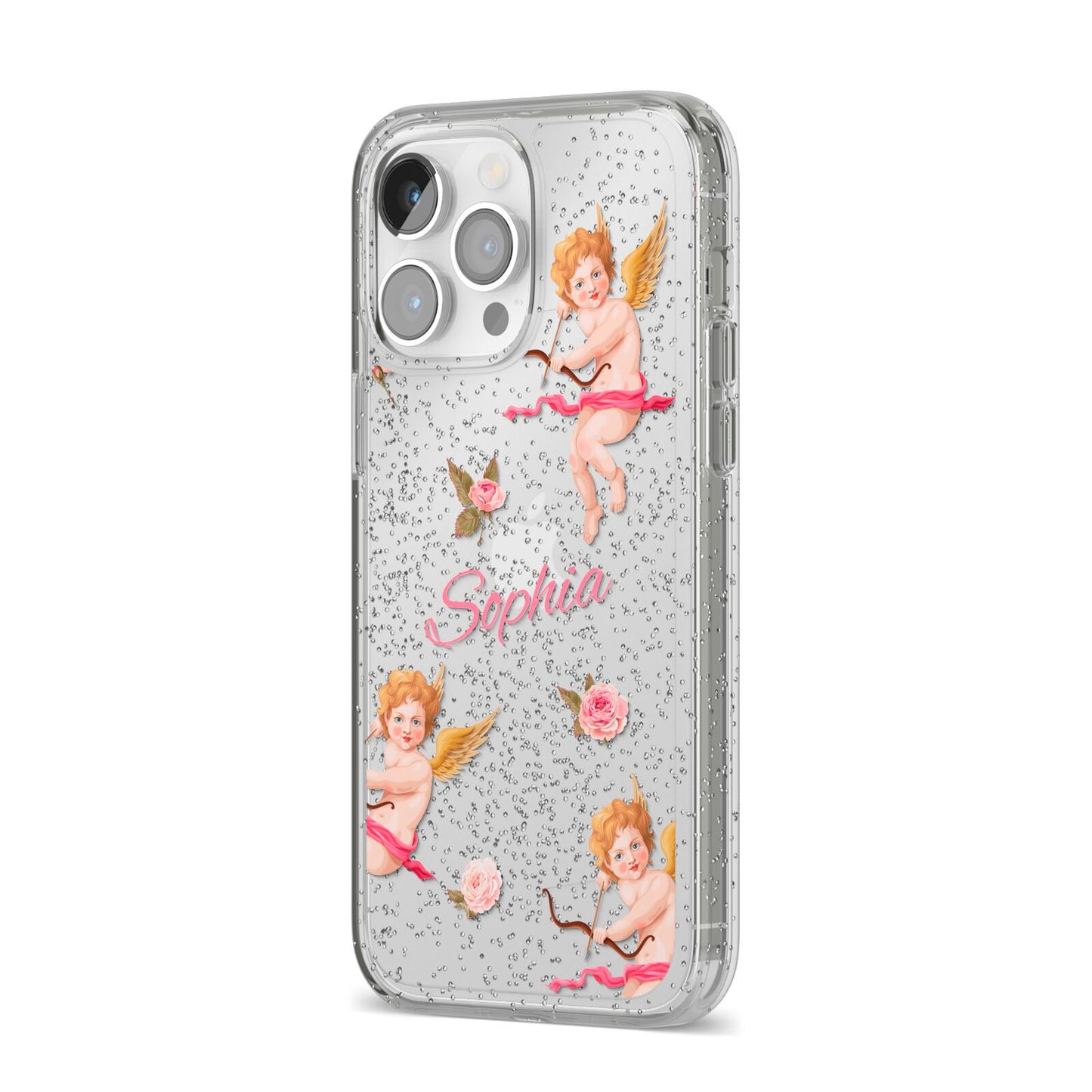 Personalised Cherub iPhone 14 Pro Max Glitter Tough Case Silver Angled Image