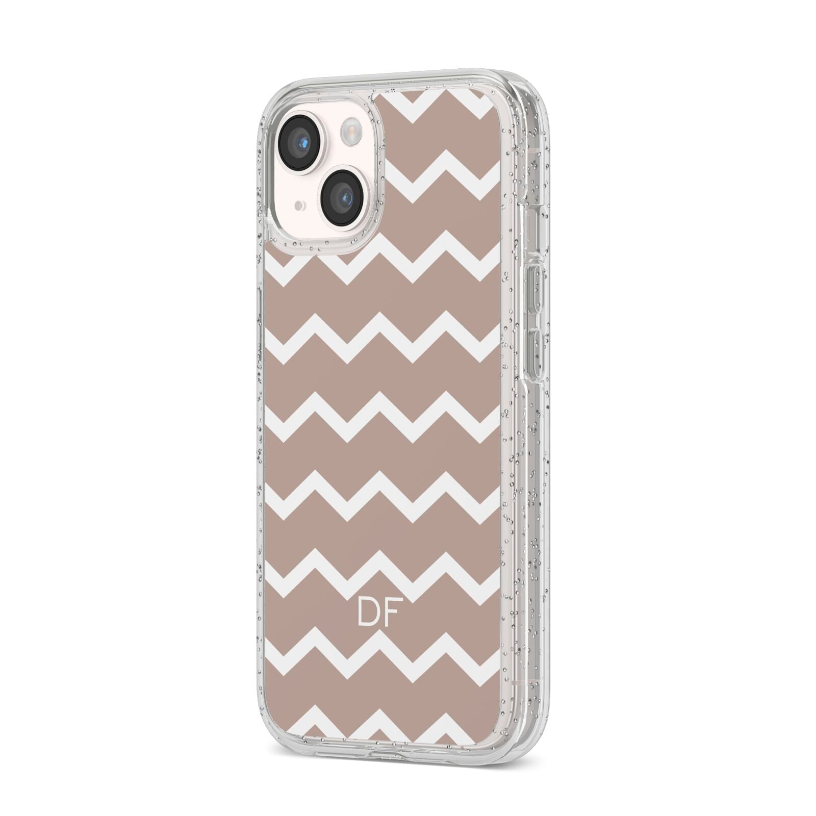 Personalised Chevron Beige iPhone 14 Glitter Tough Case Starlight Angled Image