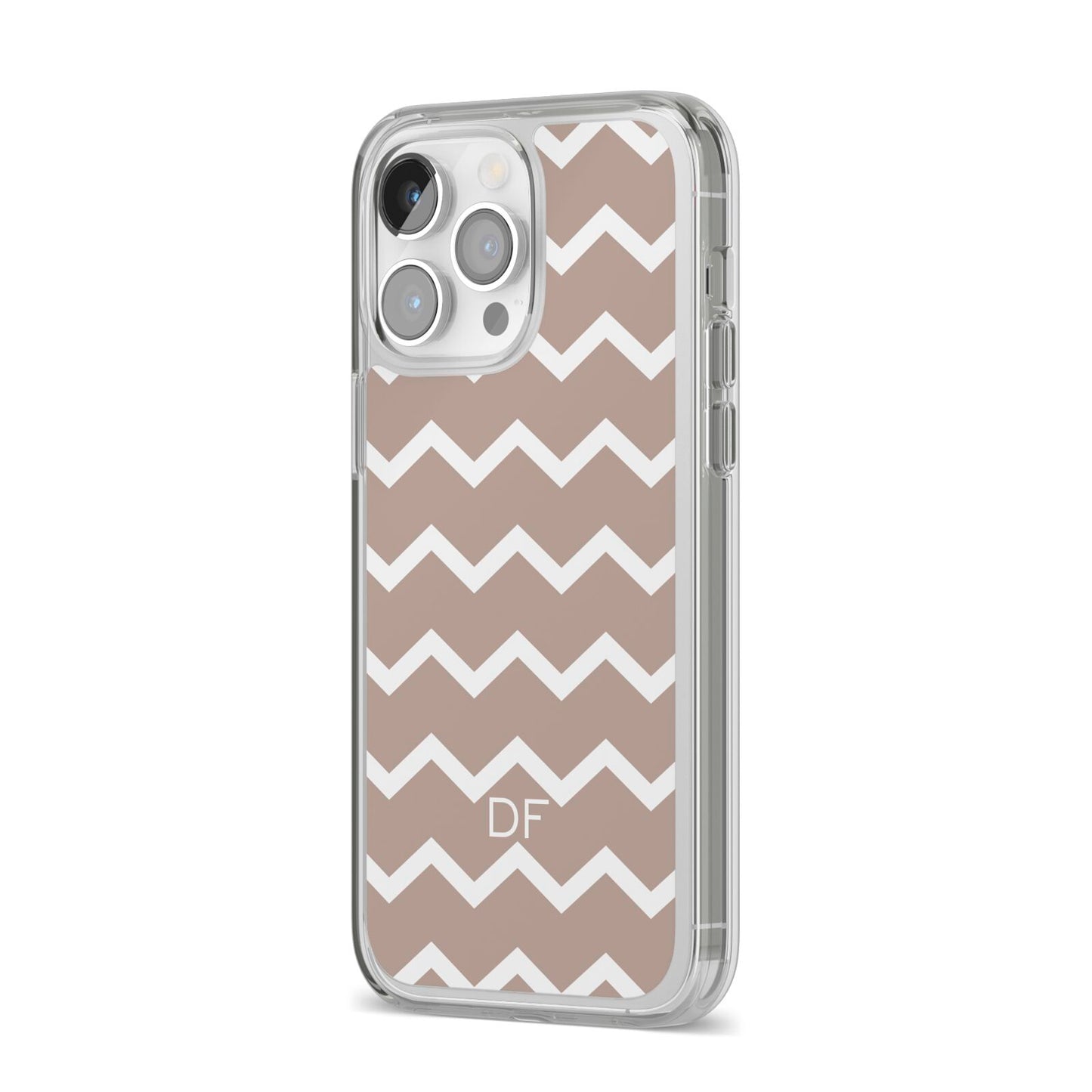 Personalised Chevron Beige iPhone 14 Pro Max Clear Tough Case Silver Angled Image