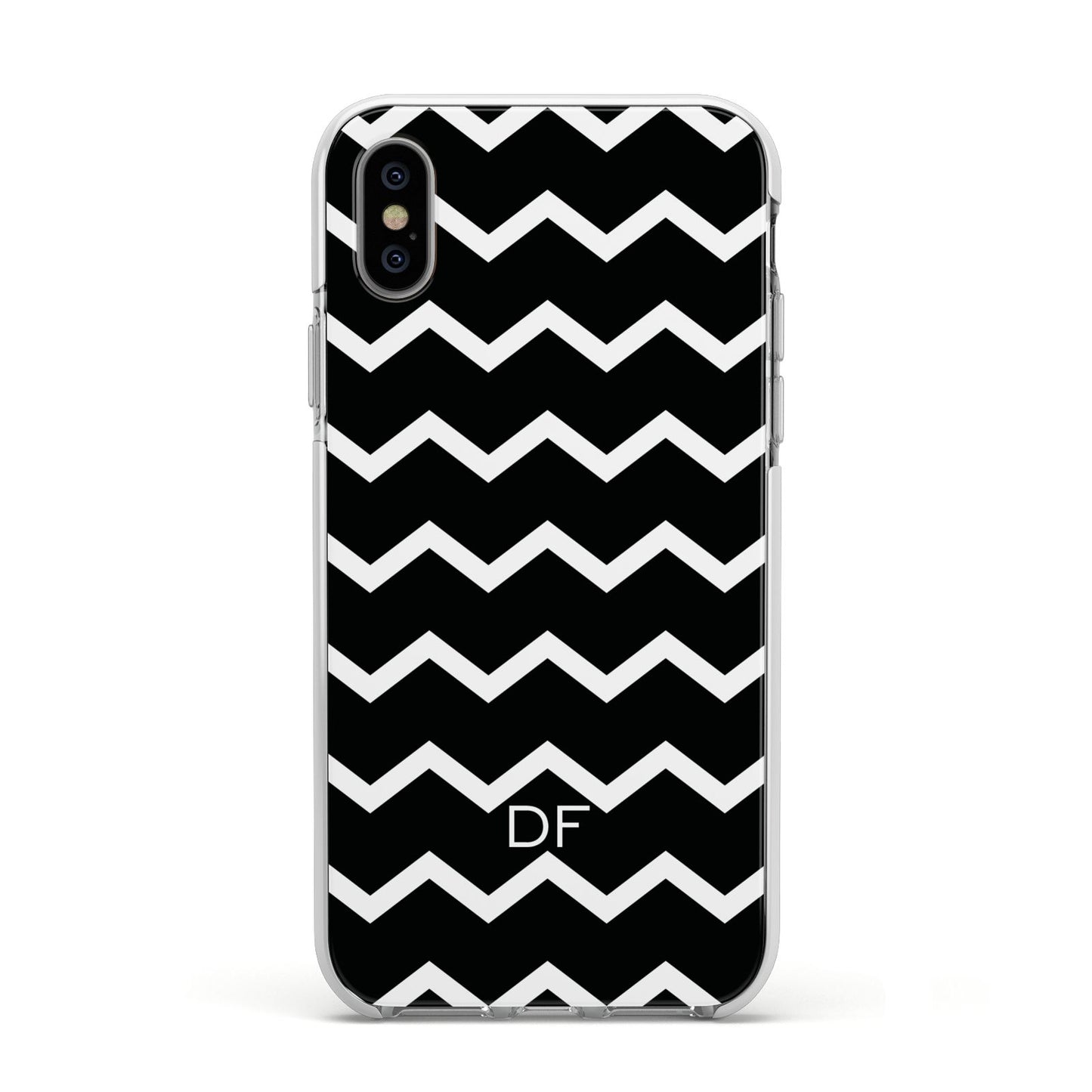 Personalised Chevron Black Apple iPhone Xs Impact Case White Edge on Silver Phone