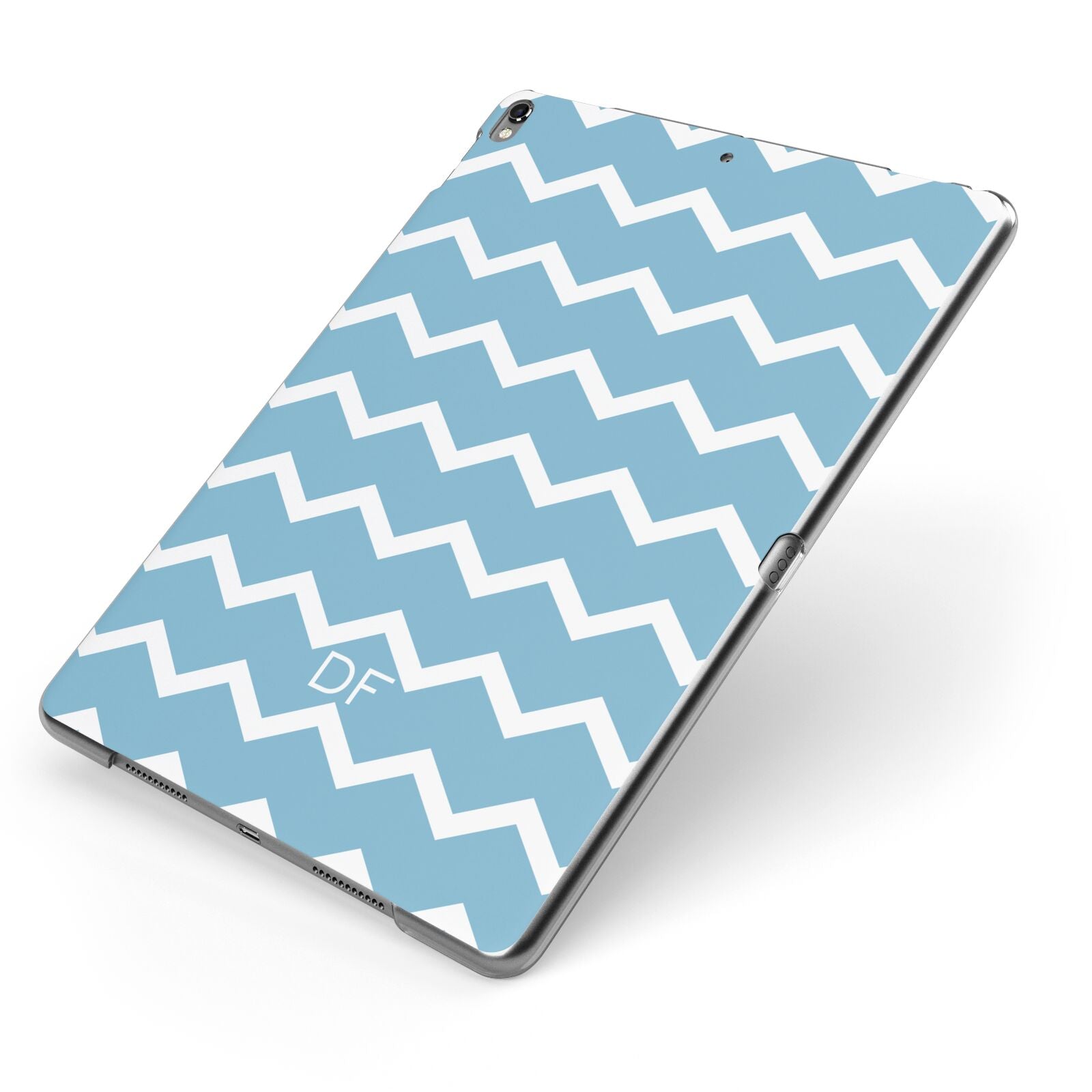 Personalised Chevron Blue Apple iPad Case on Grey iPad Side View