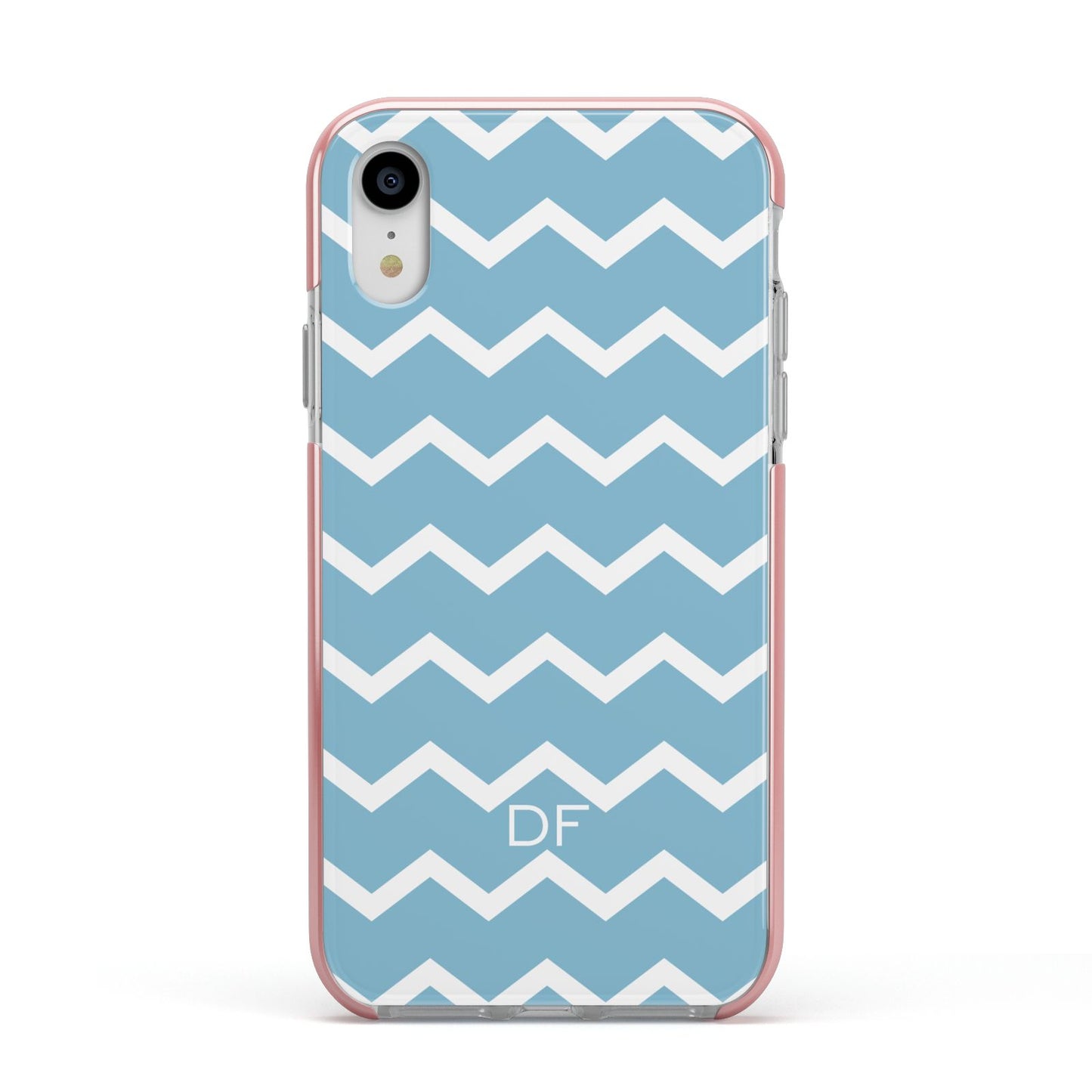 Personalised Chevron Blue Apple iPhone XR Impact Case Pink Edge on Silver Phone