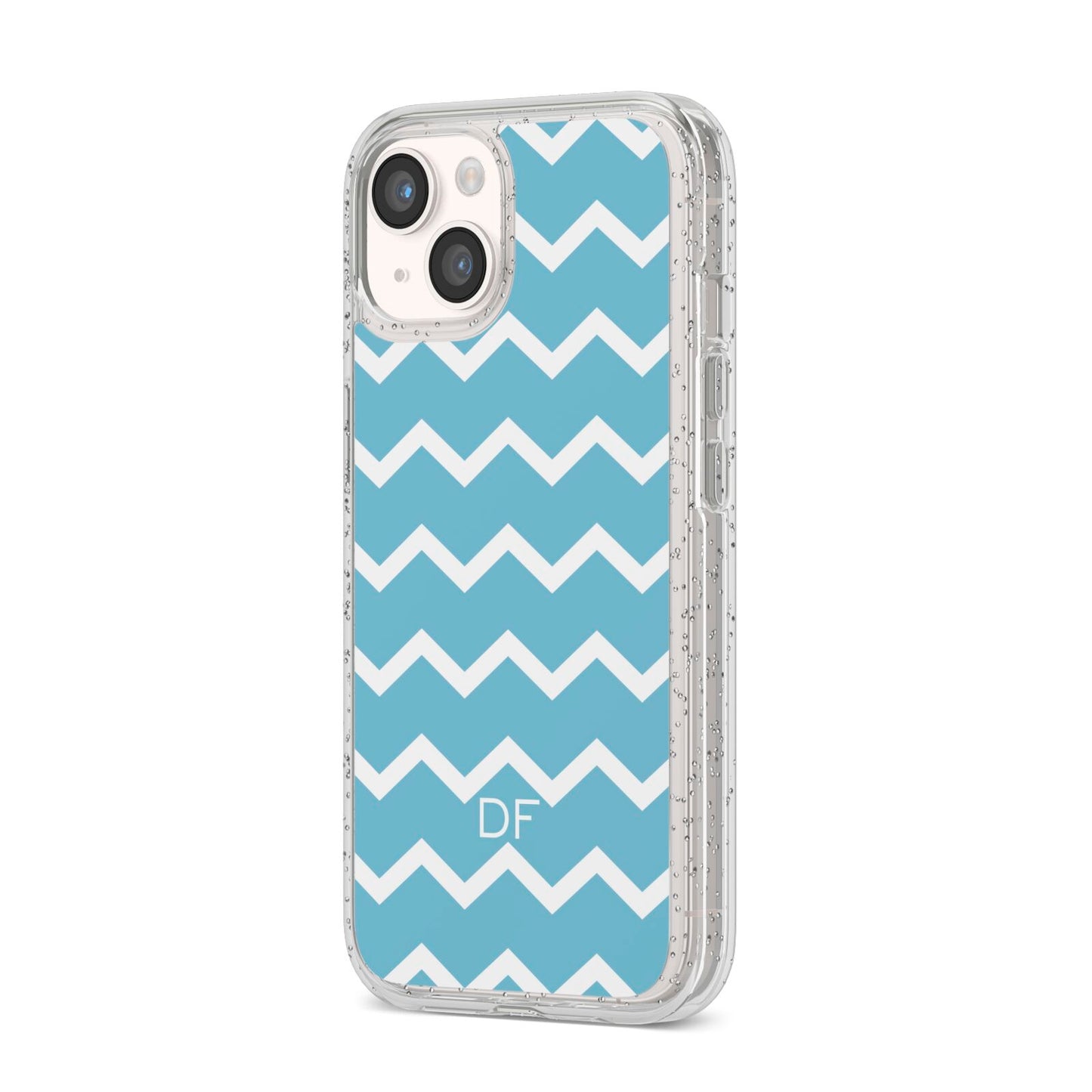 Personalised Chevron Blue iPhone 14 Glitter Tough Case Starlight Angled Image