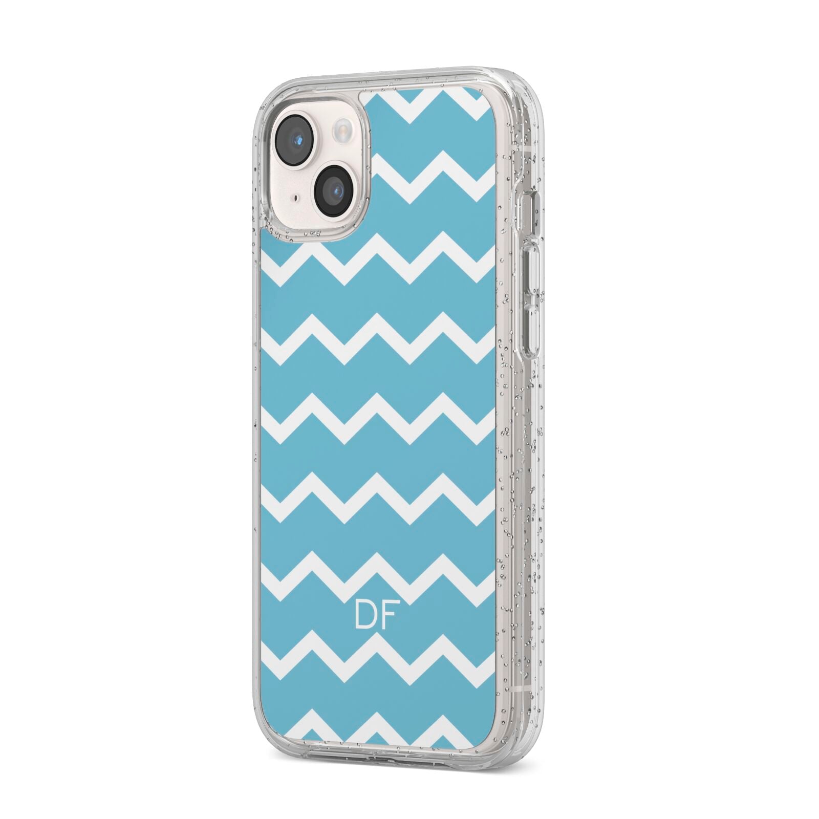 Personalised Chevron Blue iPhone 14 Plus Glitter Tough Case Starlight Angled Image