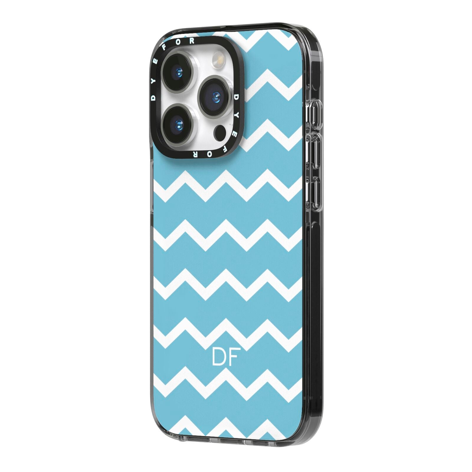 Personalised Chevron Blue iPhone 14 Pro Black Impact Case Side Angle on Silver phone