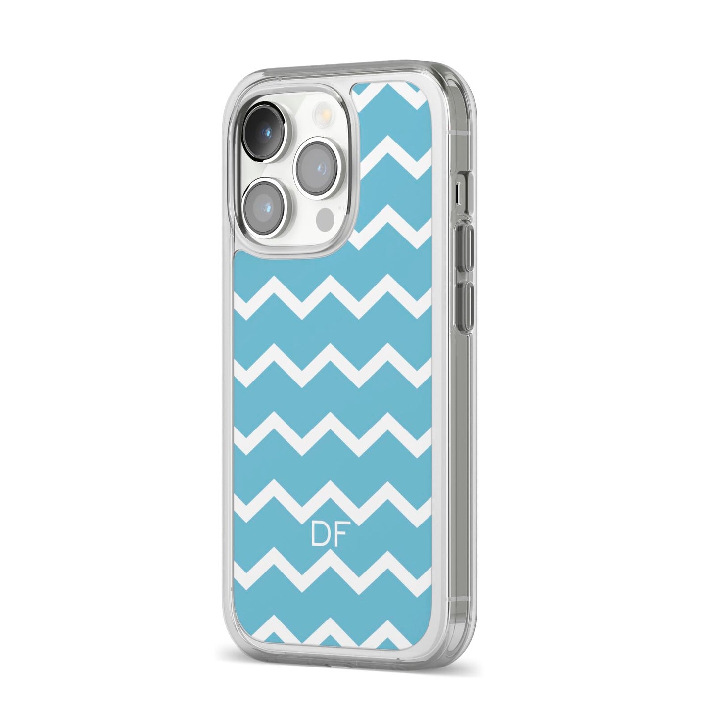 Personalised Chevron Blue iPhone 14 Pro Clear Tough Case Silver Angled Image