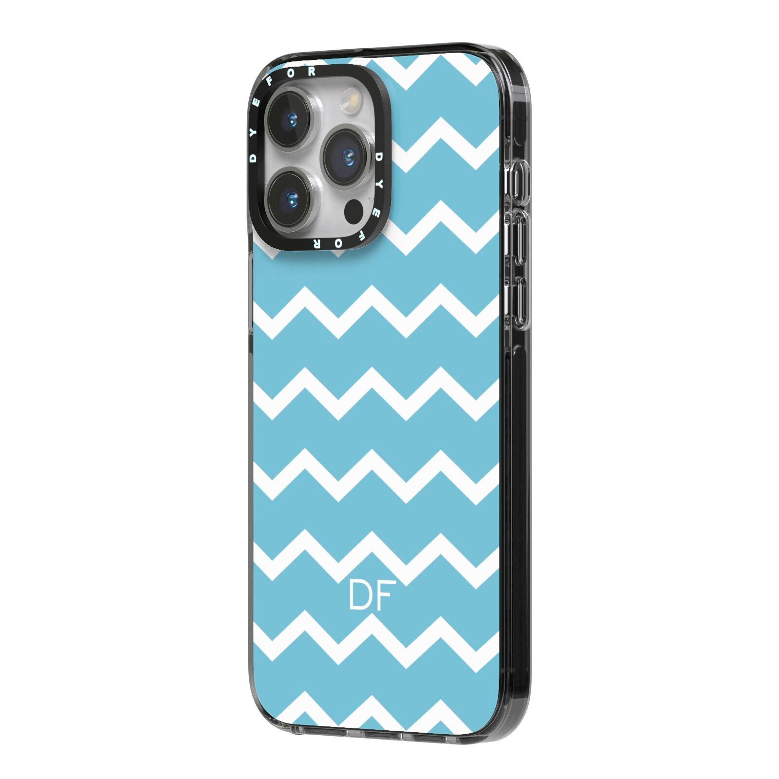 Personalised Chevron Blue iPhone 14 Pro Max Black Impact Case Side Angle on Silver phone