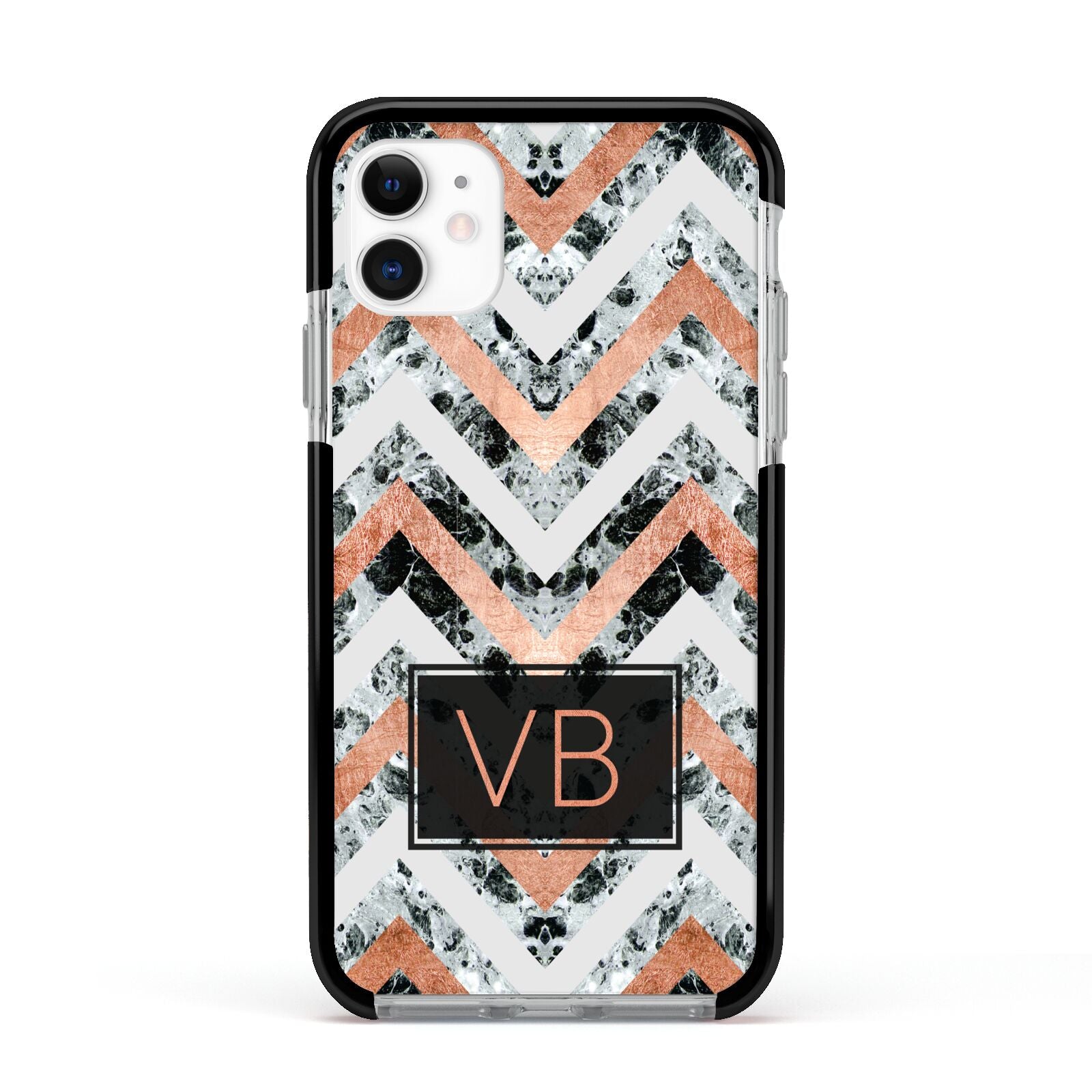 Personalised Chevron Marble Initials Apple iPhone 11 in White with Black Impact Case