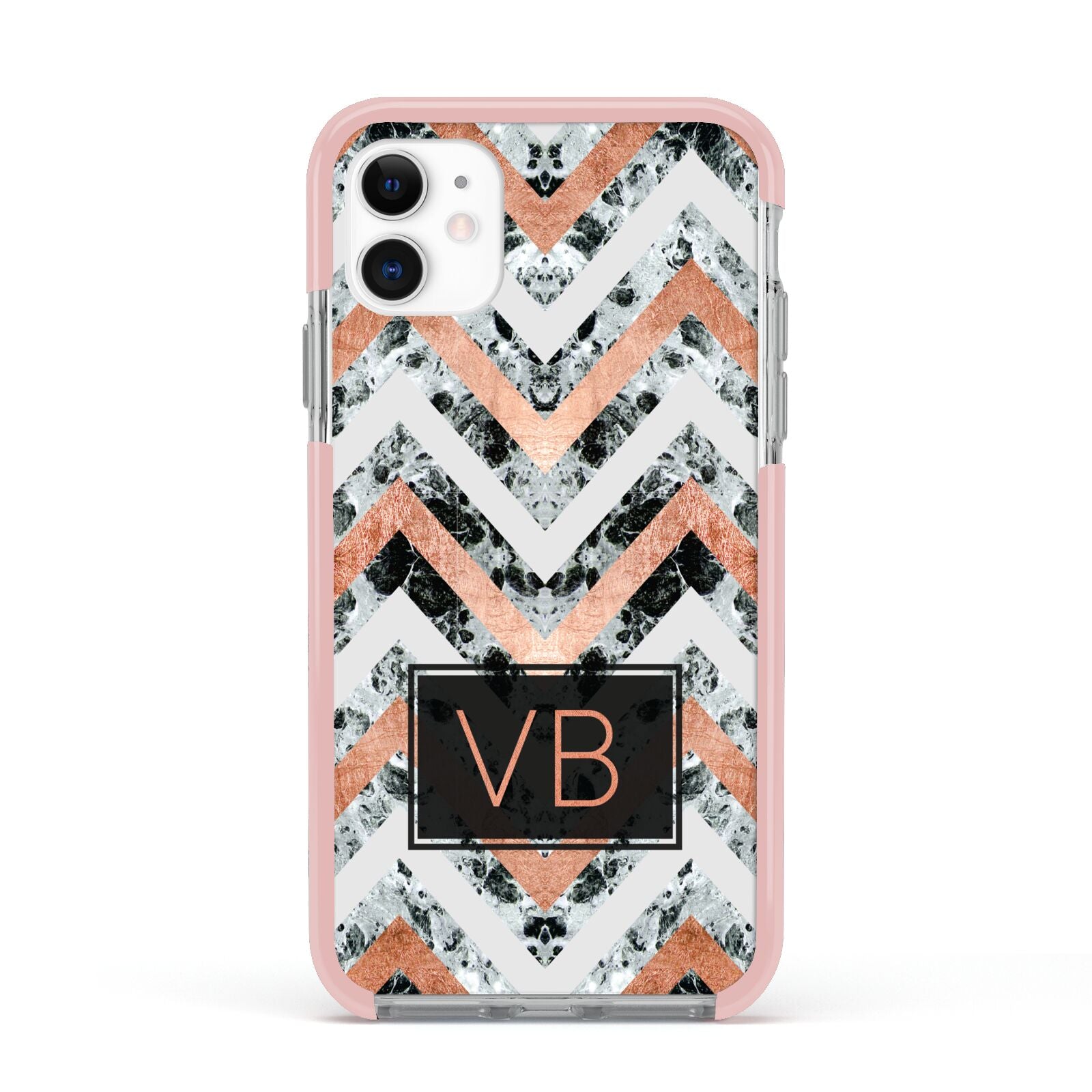 Personalised Chevron Marble Initials Apple iPhone 11 in White with Pink Impact Case