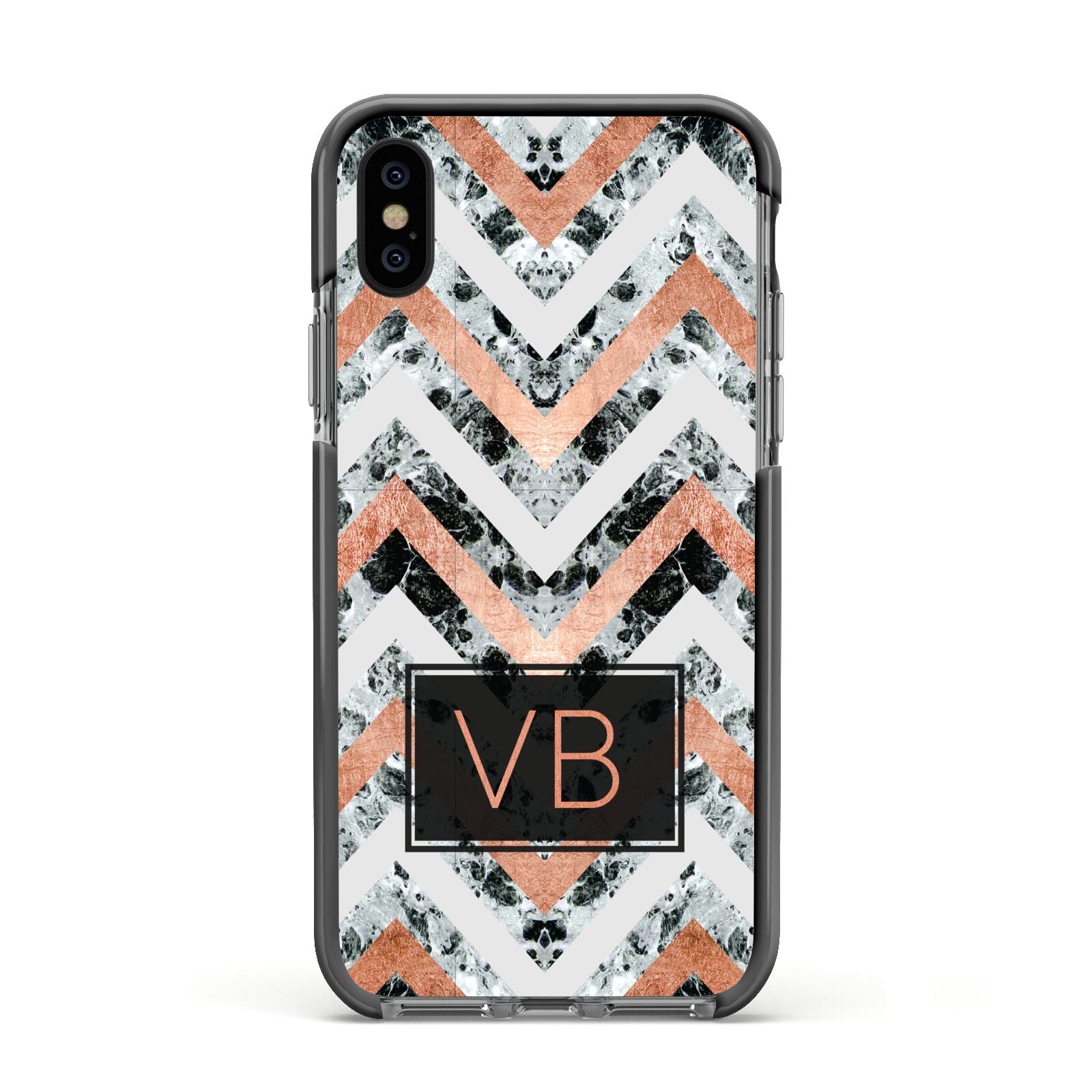 Personalised Chevron Marble Initials Apple iPhone Xs Impact Case Black Edge on Black Phone