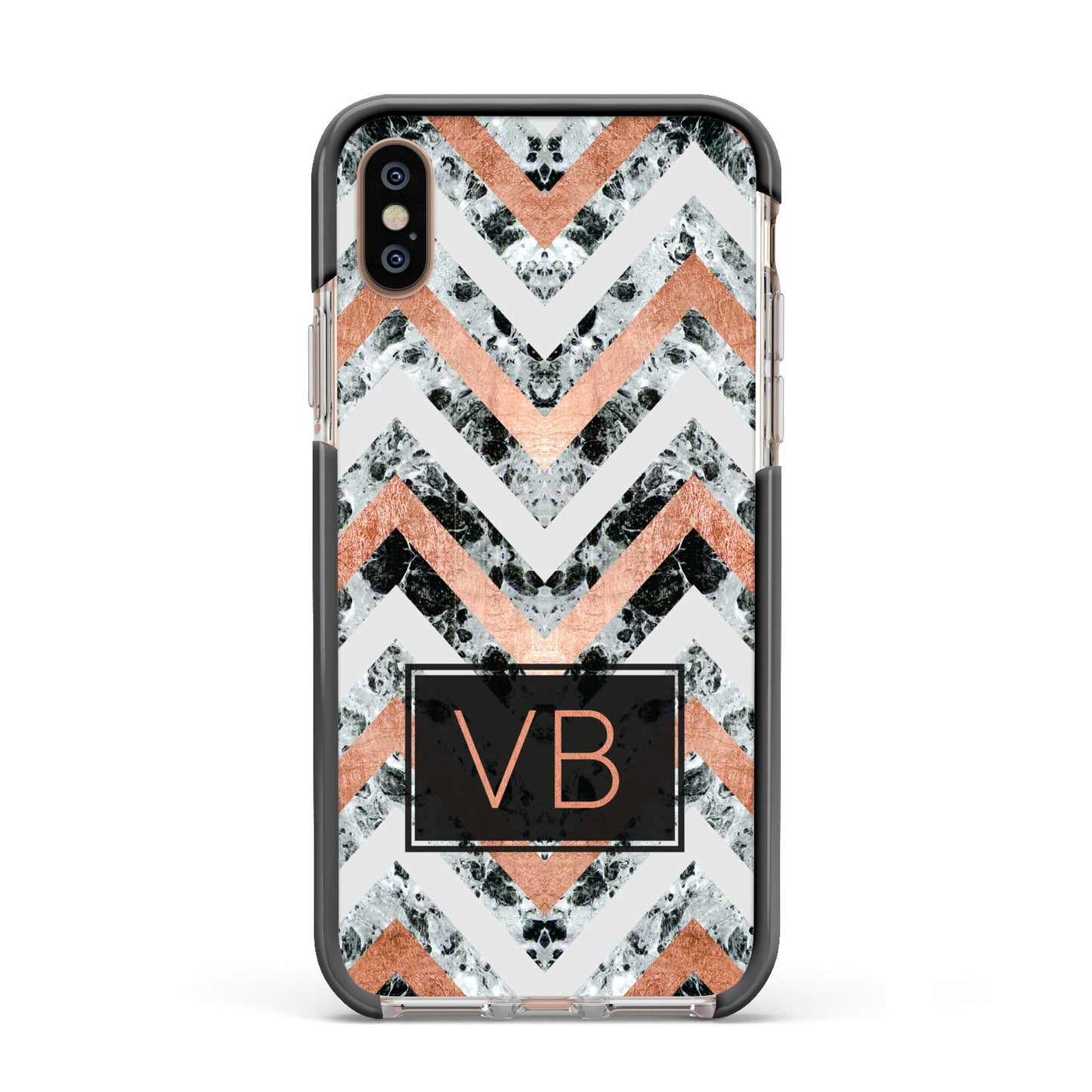 Personalised Chevron Marble Initials Apple iPhone Xs Impact Case Black Edge on Gold Phone