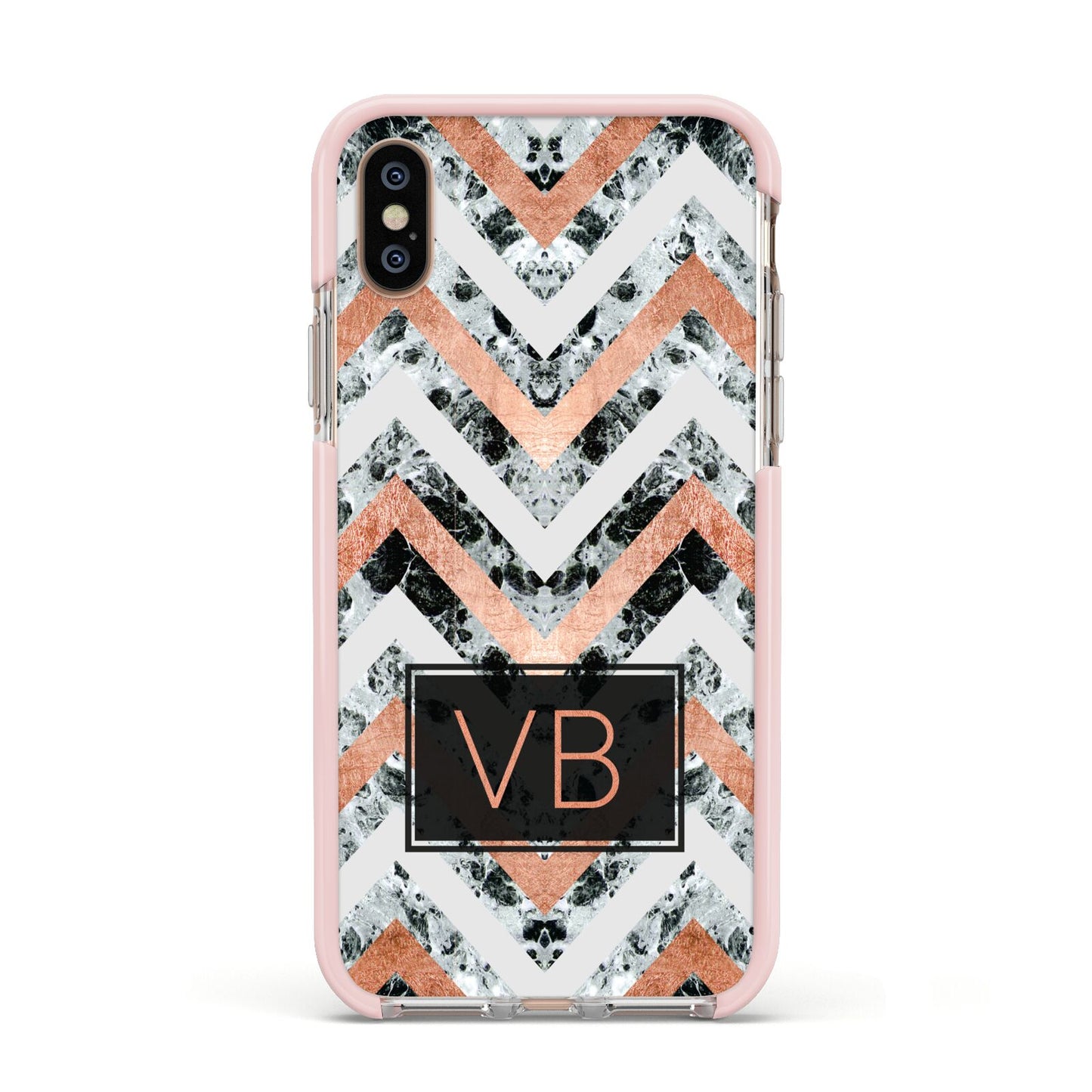 Personalised Chevron Marble Initials Apple iPhone Xs Impact Case Pink Edge on Gold Phone