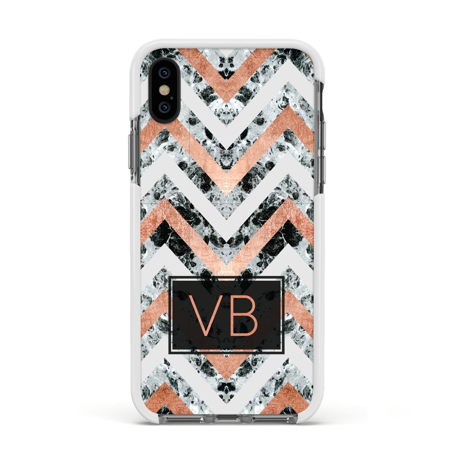 Personalised Chevron Marble Initials Apple iPhone Xs Impact Case White Edge on Black Phone