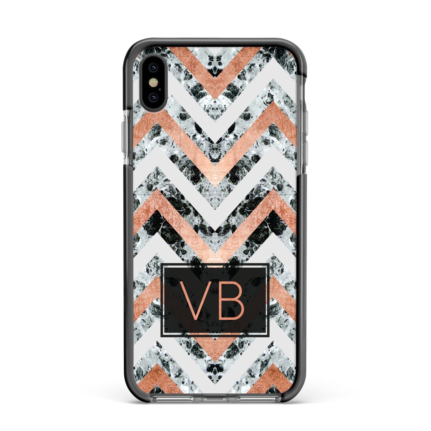 Personalised Chevron Marble Initials Apple iPhone Xs Max Impact Case Black Edge on Black Phone