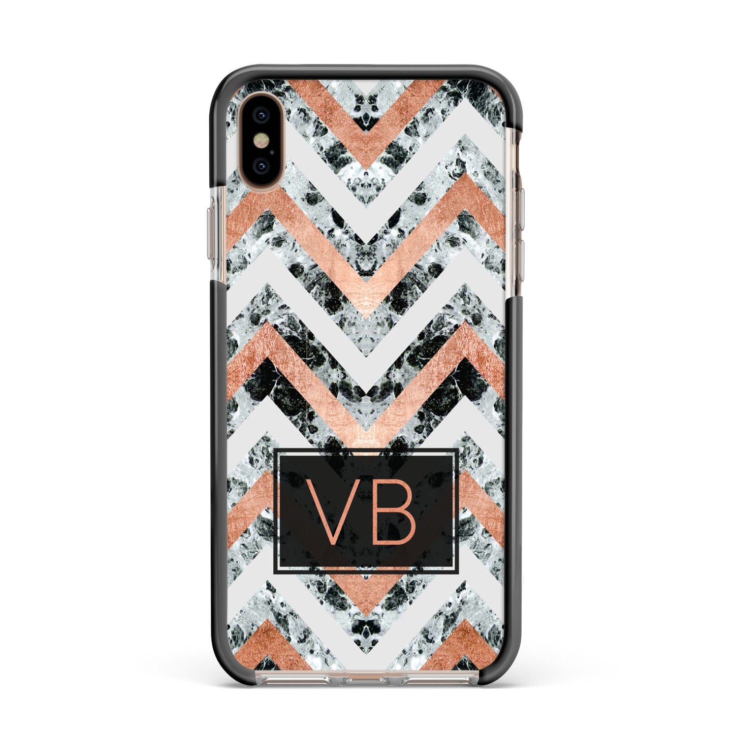 Personalised Chevron Marble Initials Apple iPhone Xs Max Impact Case Black Edge on Gold Phone