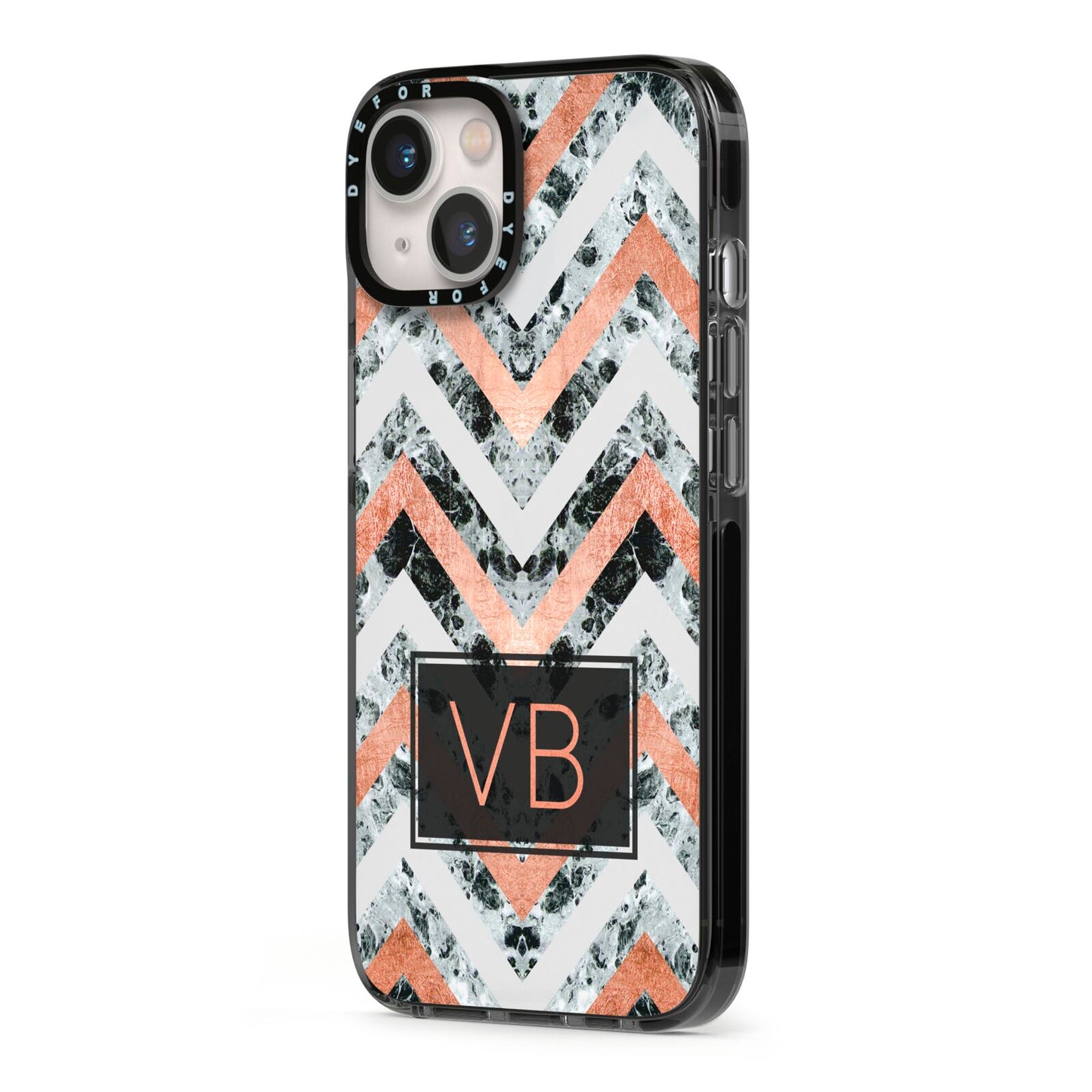 Personalised Chevron Marble Initials iPhone 13 Black Impact Case Side Angle on Silver phone