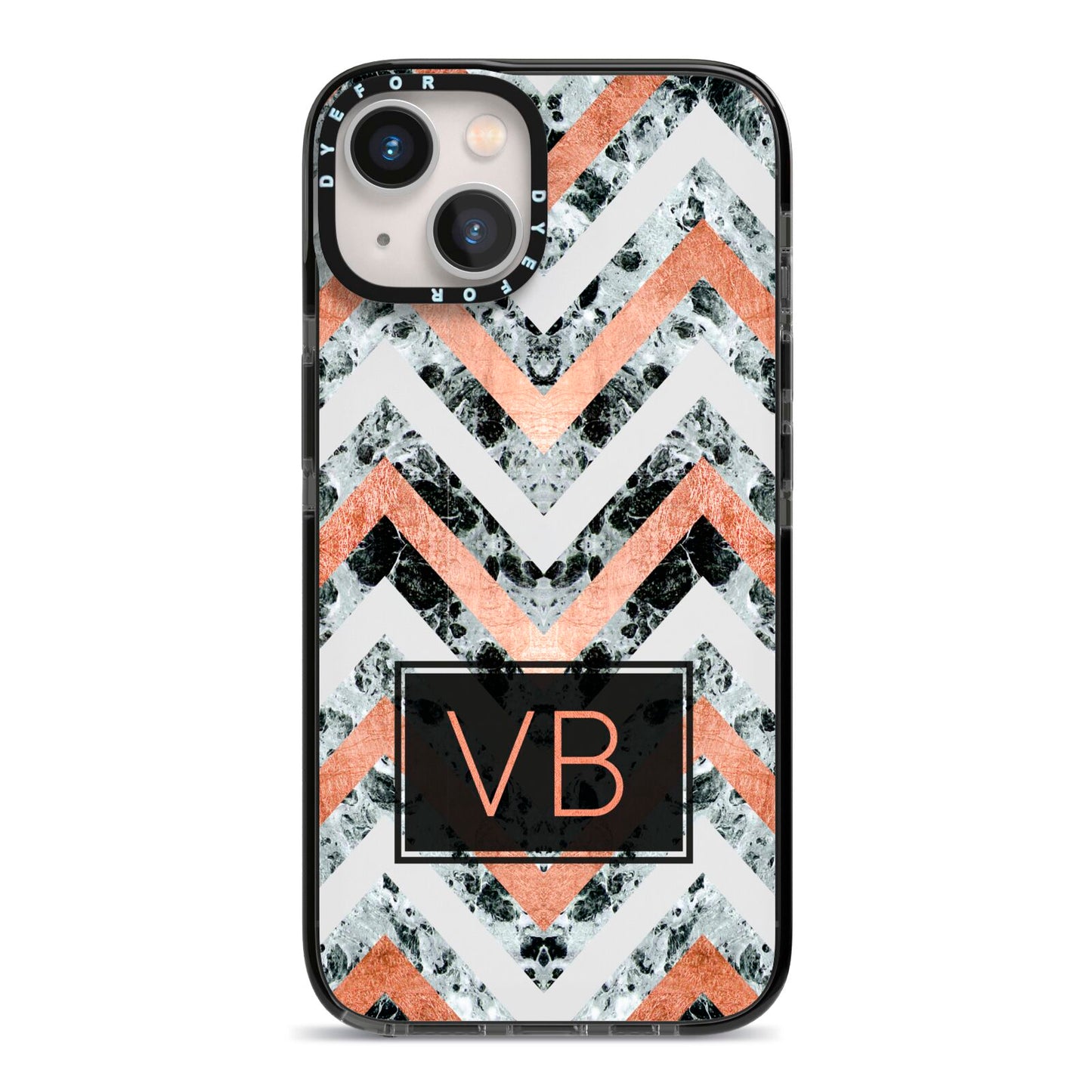 Personalised Chevron Marble Initials iPhone 13 Black Impact Case on Silver phone